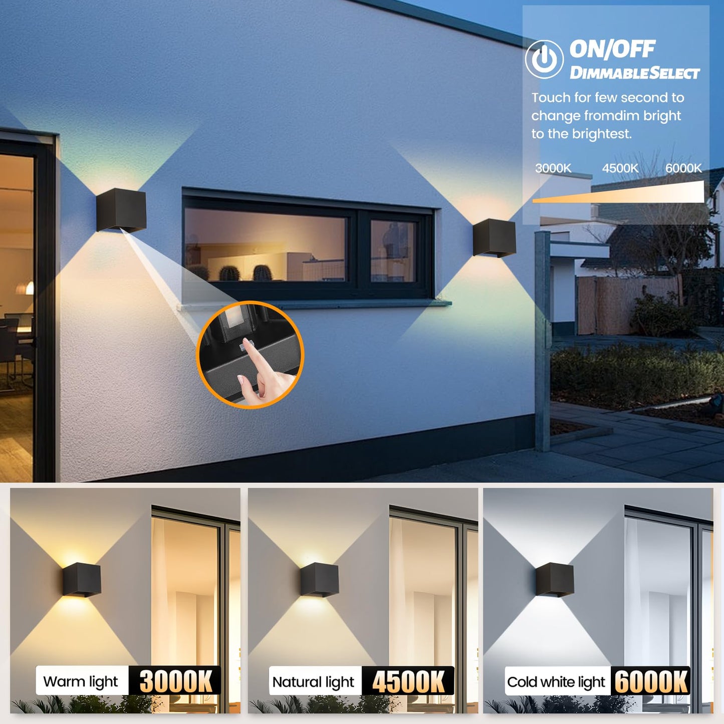YCZM 2 Pack 3-Color Adjustable Modern Outdoor Wall Lights, 15W Square LED Exterior Wall Sconce, Up and Down Lighting Fixtures, IP65 Waterproof