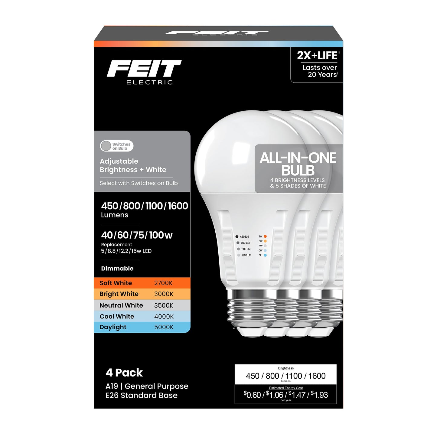Feit Electric A19 All-in-One LED Light Bulb, 100W Eq, 4 Pack