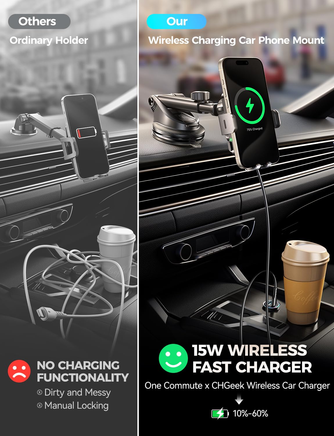 CHGeek Wireless Car Charger with Phone Holder Mount, 15W Fast Charging Auto Clamping Phone Holders for You Car Windshield Dashboard Air Vent