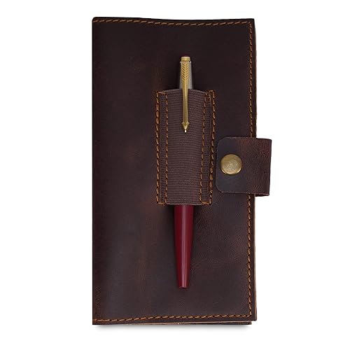 CestAntiQ Distressed Leather Checkbook Cover with Pen Holder - Handmade Executive Checkbook Wallet for Men, Women, Slim and Stylish Organizer (Brown)