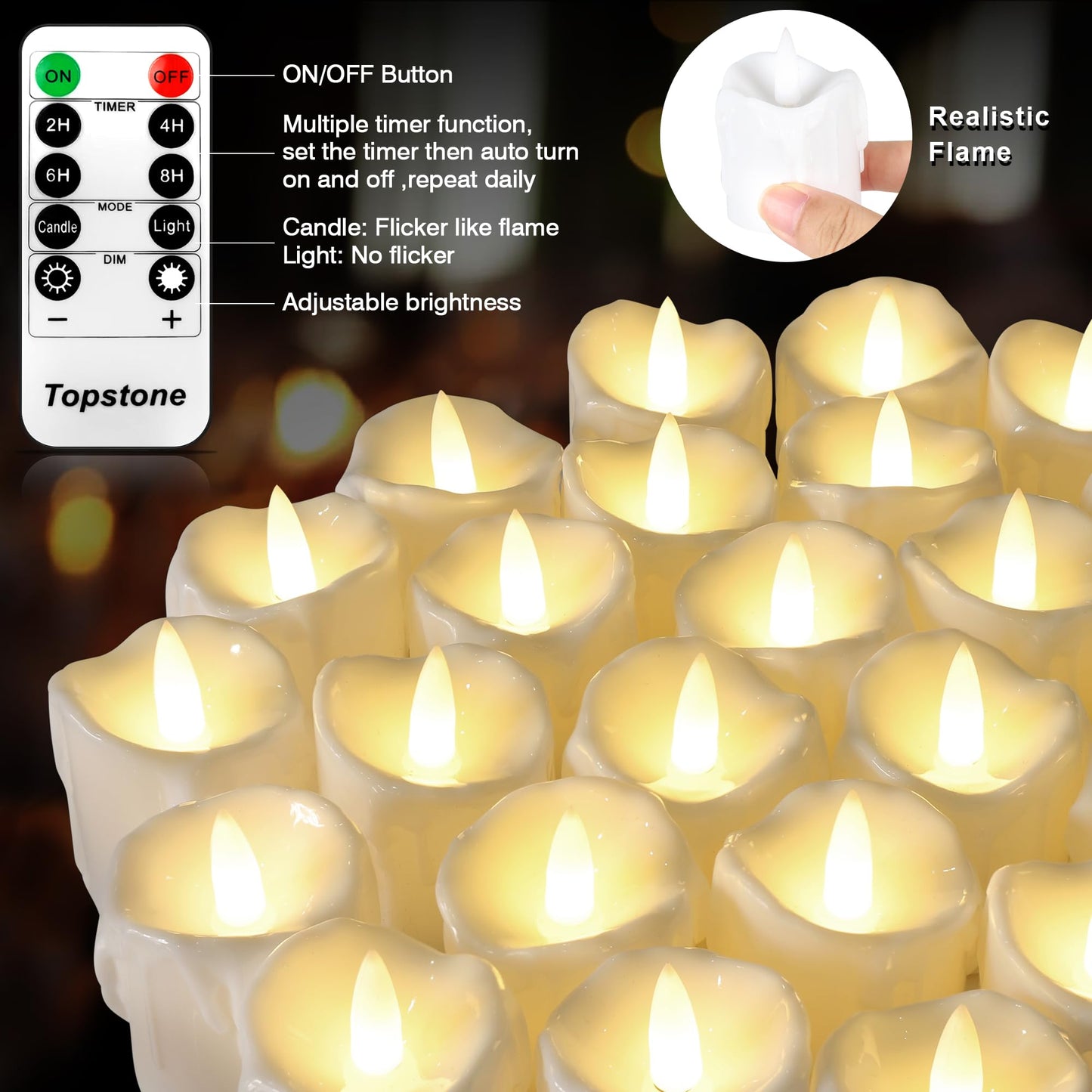 Topstone Flameless Candles with Remote Control?Battery Operated LED Candles with Timer & Dimmable Function, Realistic Wax Dripping Design, Perfect