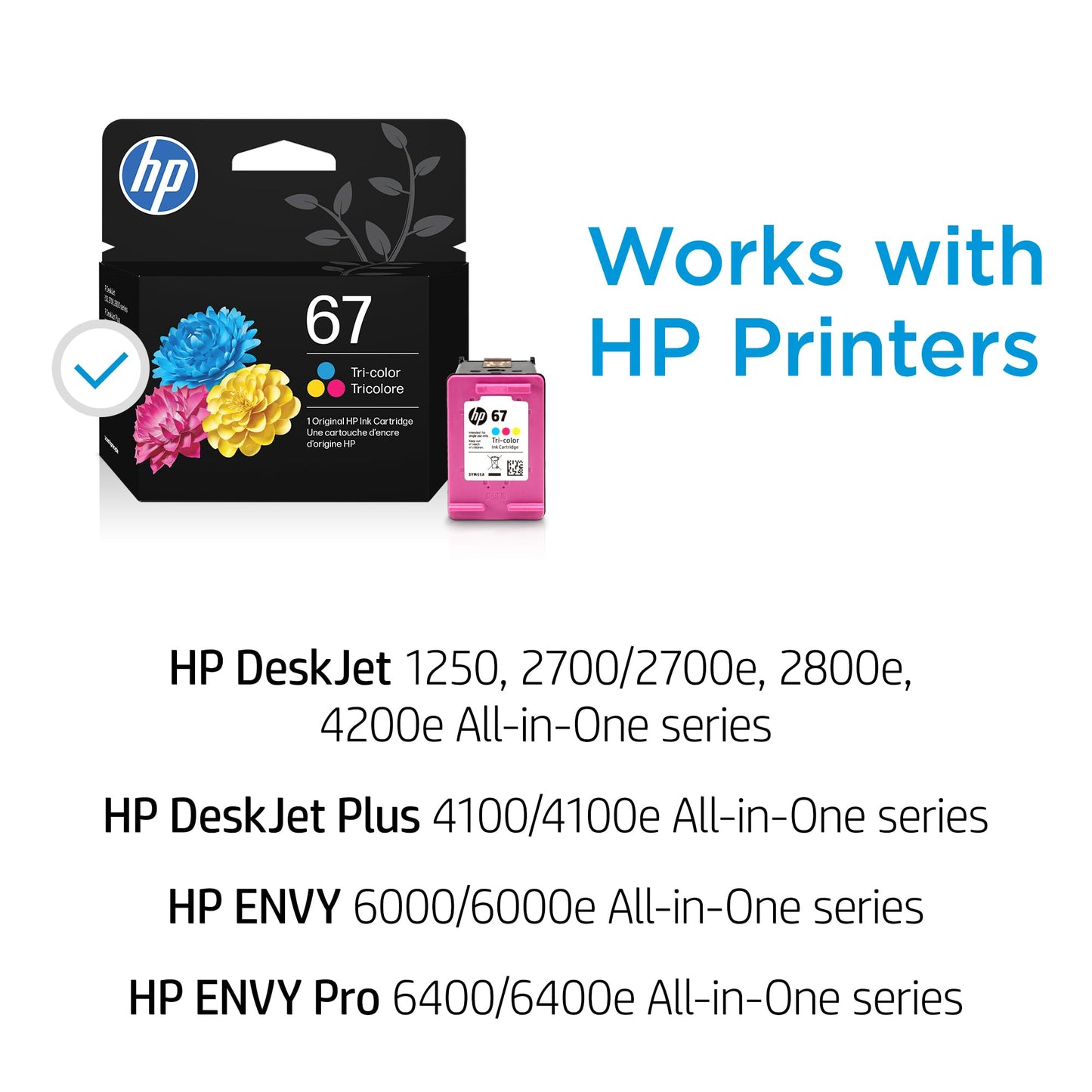 HP 67 Tri-Color Ink Cartridge | Works with DeskJet 1255, 2700, 4100 Series, Envy 6000, 6400 Series | Eligible for Instant Ink | 3YM55AN | Packaging