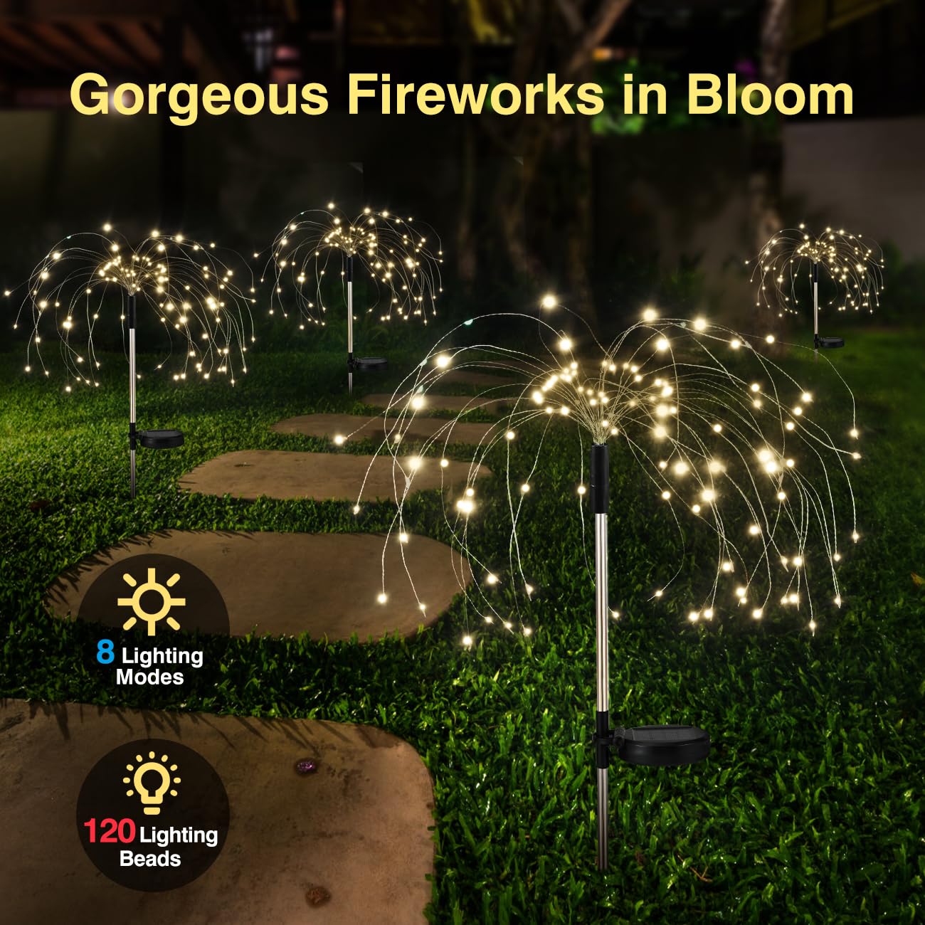 Lewondr Firework Solar Garden Lights 4 Pack, 120 LED Solar Firework Lights with 8 Lighting Modes, Waterproof Sparkler Starburst Solar Lights Outdoor