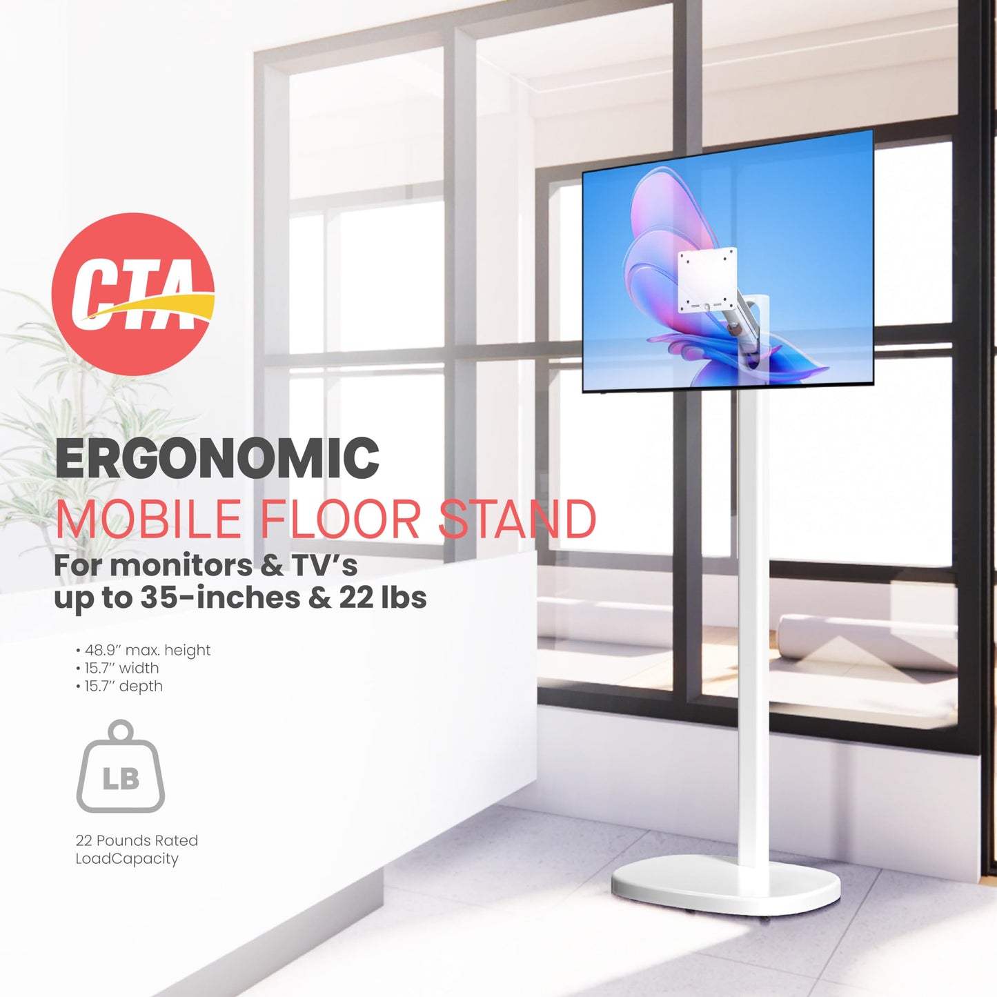 CTA Ergonomic Floor Stand For Monitors & TV’s Up To 35-inches & 22 lbs - Mobile Stand With Anti-Knockdown Base & Height Adjustable - Commercial Grade
