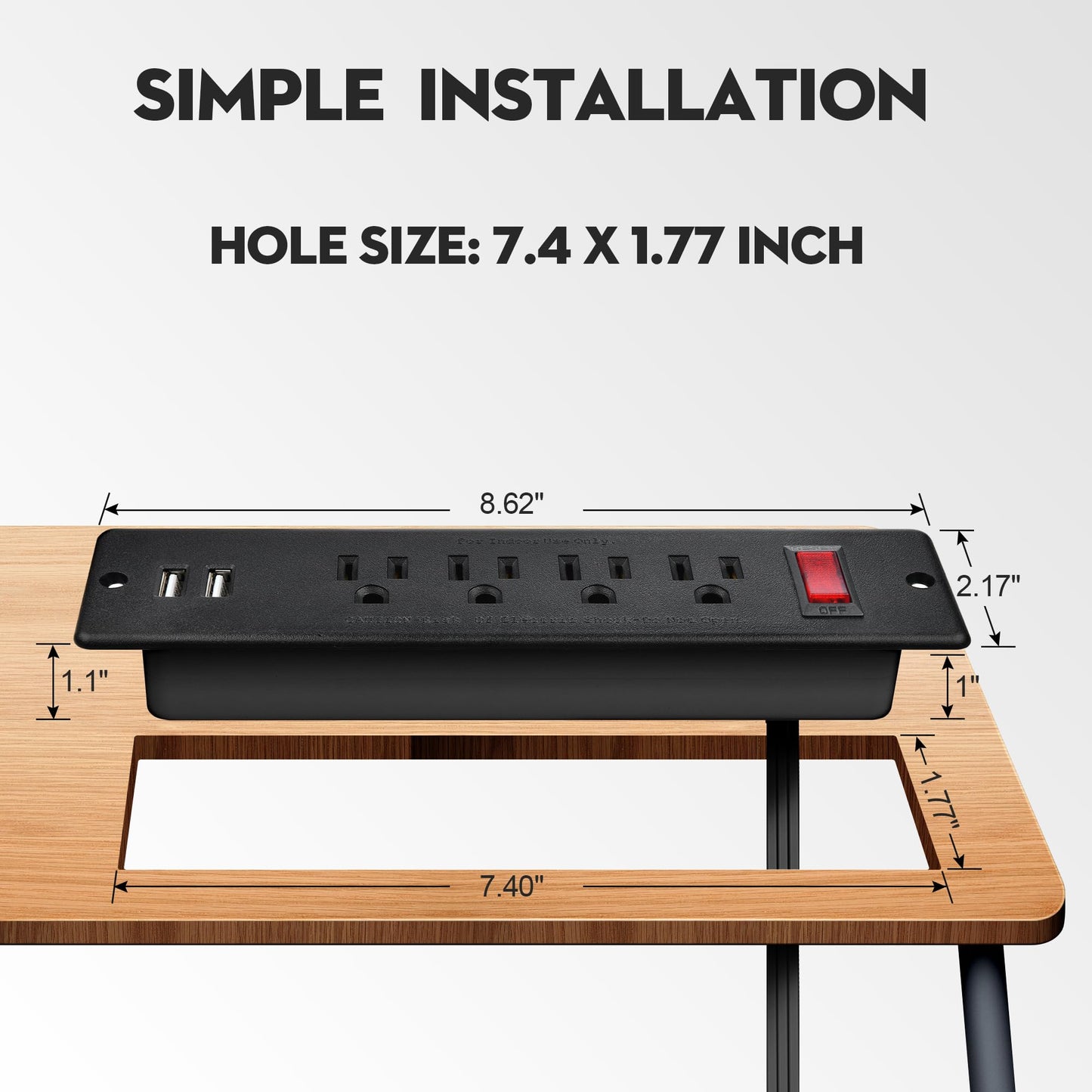 Mountable Power Strip Recessed Power Strip with USB 4 Outlet 2 USB Multiple Protection Built in Conference Desk Counter Workbench for PC Home Electric