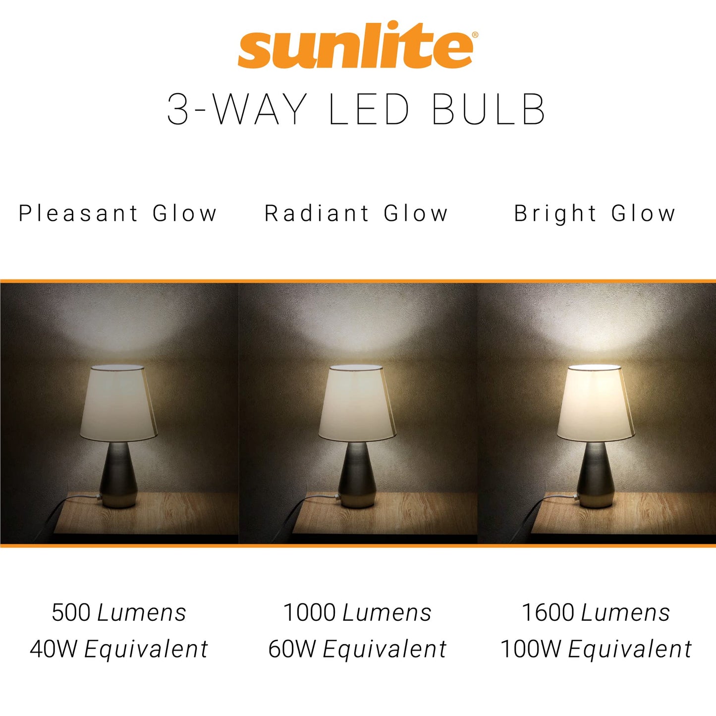 Sunlite 70324 3-Way LED A19 Light Bulb, 5/9/15 Watts (40W 60W 100W Equivalent), 500-1000-1600 Lumens, Medium E26 Base, Omni-Directional, ETL Listed