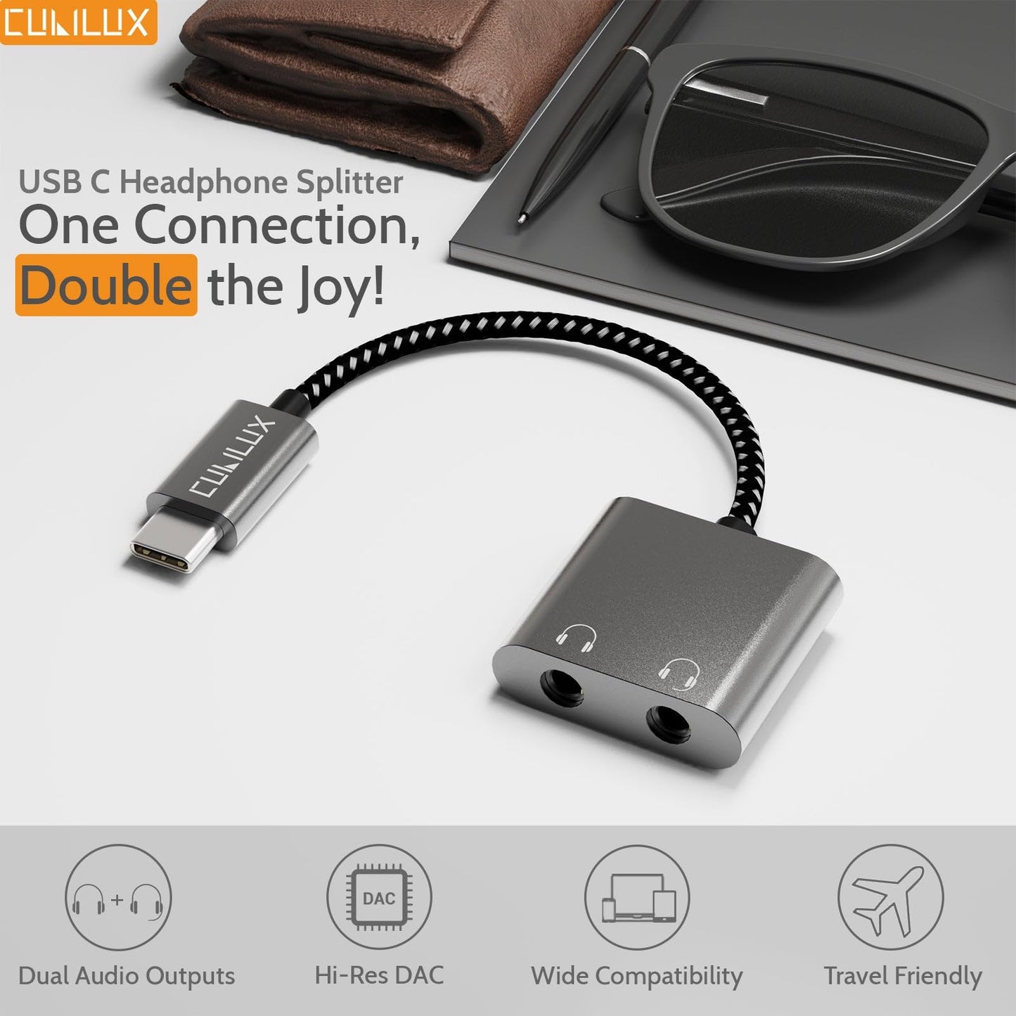 Cubilux USB C Double Headphone Splitter, Type C to Dual 3.5mm Jacks Audio Sharing Adapter Compatible with iPhone 17/16/15, iPhone 17/16/15 Pro Max