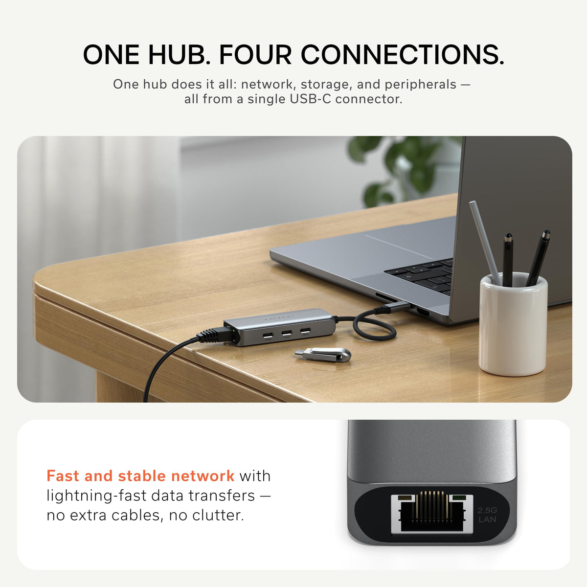 Satechi 4-in-1 USB-C Ethernet Adapter, 2.5 Gbps Speed, Chrome