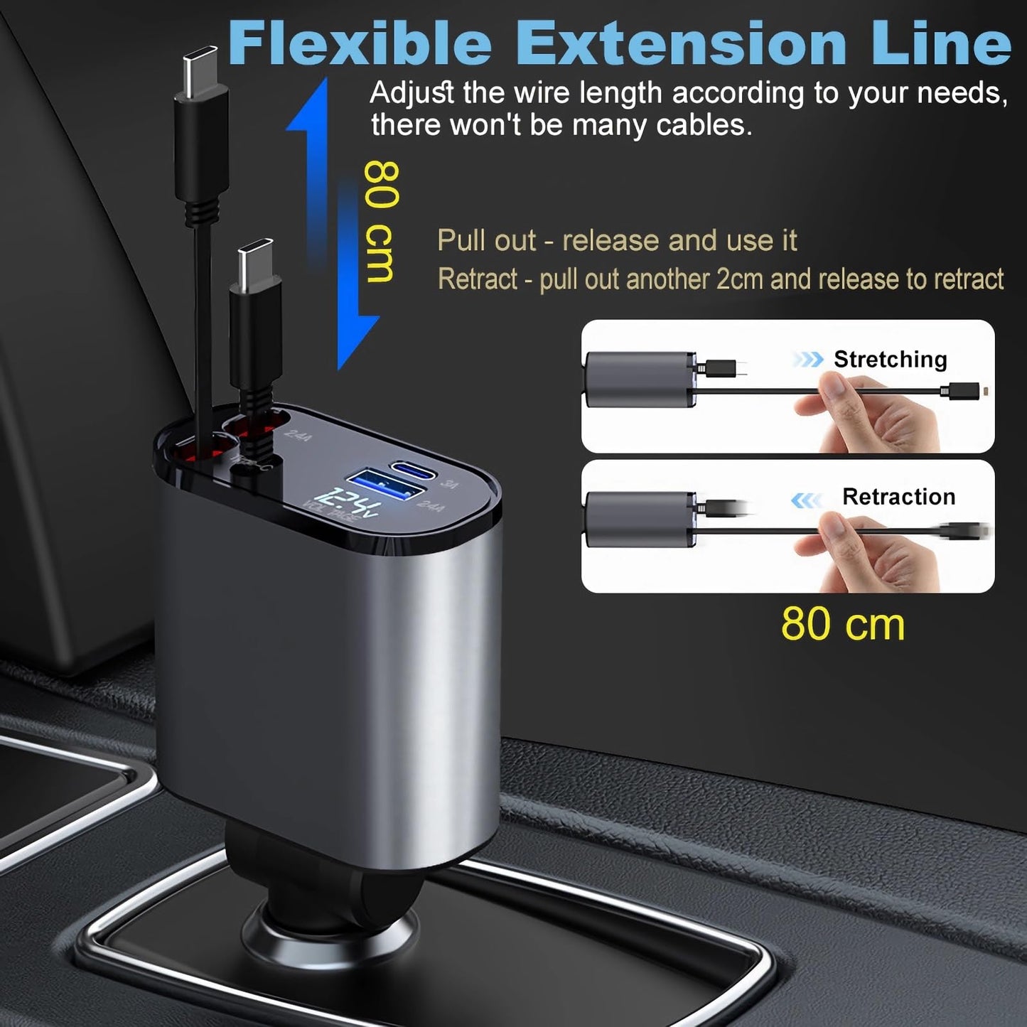 Retractable 4 in 1 Fast Charging 100W Phone Charger, Retractable Cables (80cm) with Dual Type-C Charging Ports, USB C Ports Car Adapter Compatible