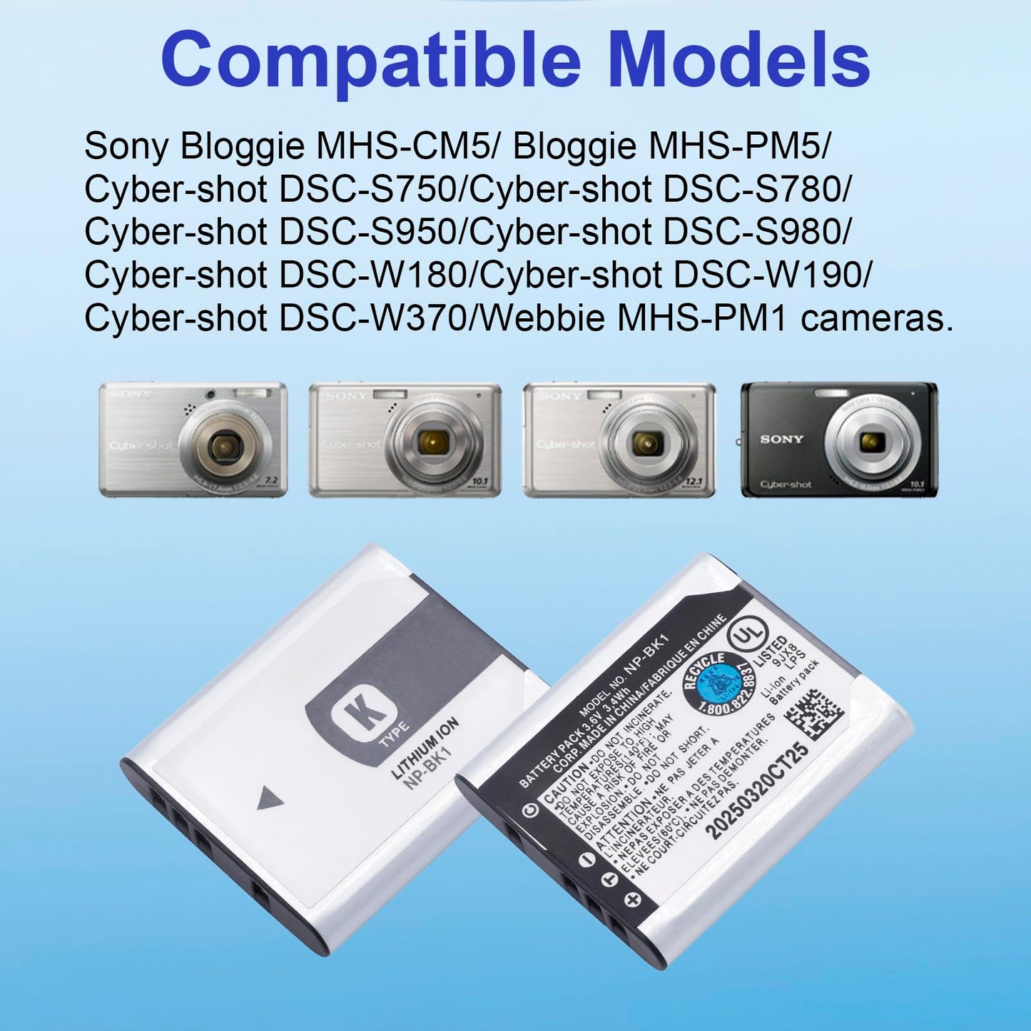 NP-BK1 970mAh Replacement Battery Compatible for Sony Cybershot DSC-W370 DSC-S750 DSC-S780 DSC-S950 DSC-S980 DSC-W190 MHS-CM1 HD MHS-PM1 MHS-PM5