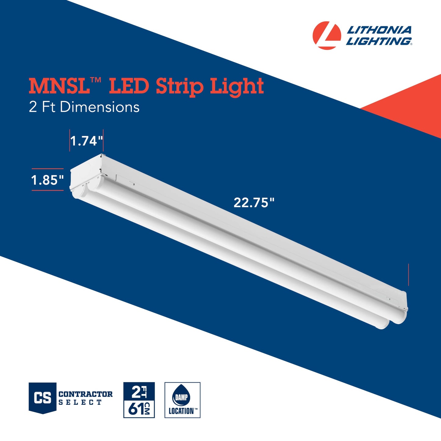 Lithonia Lighting 2 Light LED Strip Light, 2 Foot LED Ceiling Lighting Fixture, 2500 Lumens, 4000K, 80CRI, 20W, Kitchen and Garage Use (MNSL L24 2LL