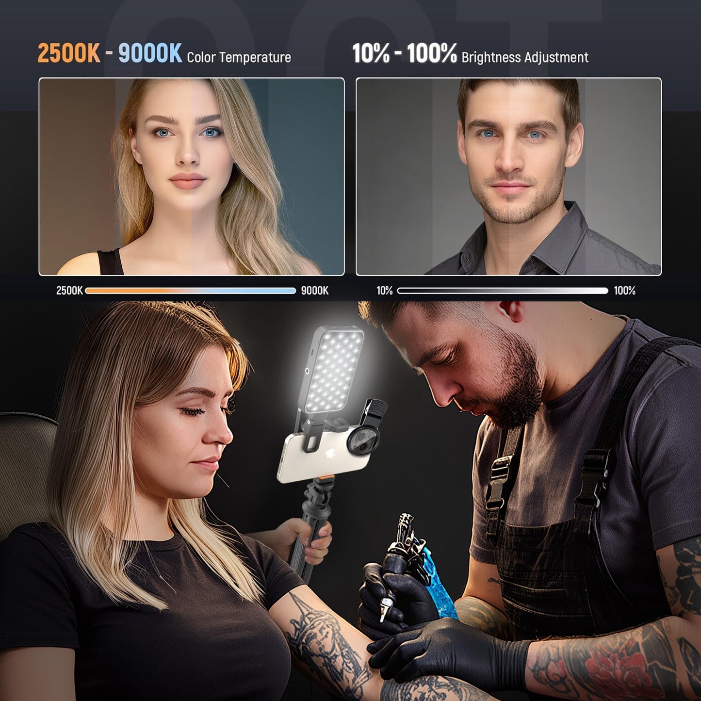 Selfie Tattoo Light Kit,Tattoo Equipment Supplies,Remove Glare LED Tattoo Photography Video Lights with 52mm CPL,Tripod Light,Dual Clips for Video