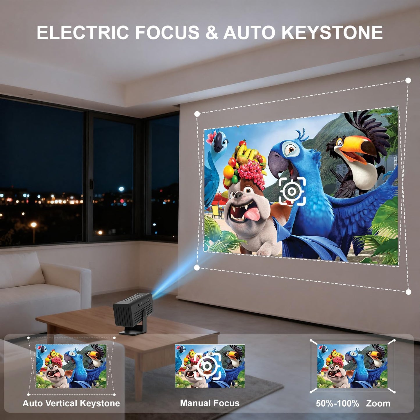 Mini Projector, Portable Projector 4K Support, Full HD 1080P Outdoor Movie Projector with WiFi6 and Bluetooth,Auto Focus with Built-in Apps