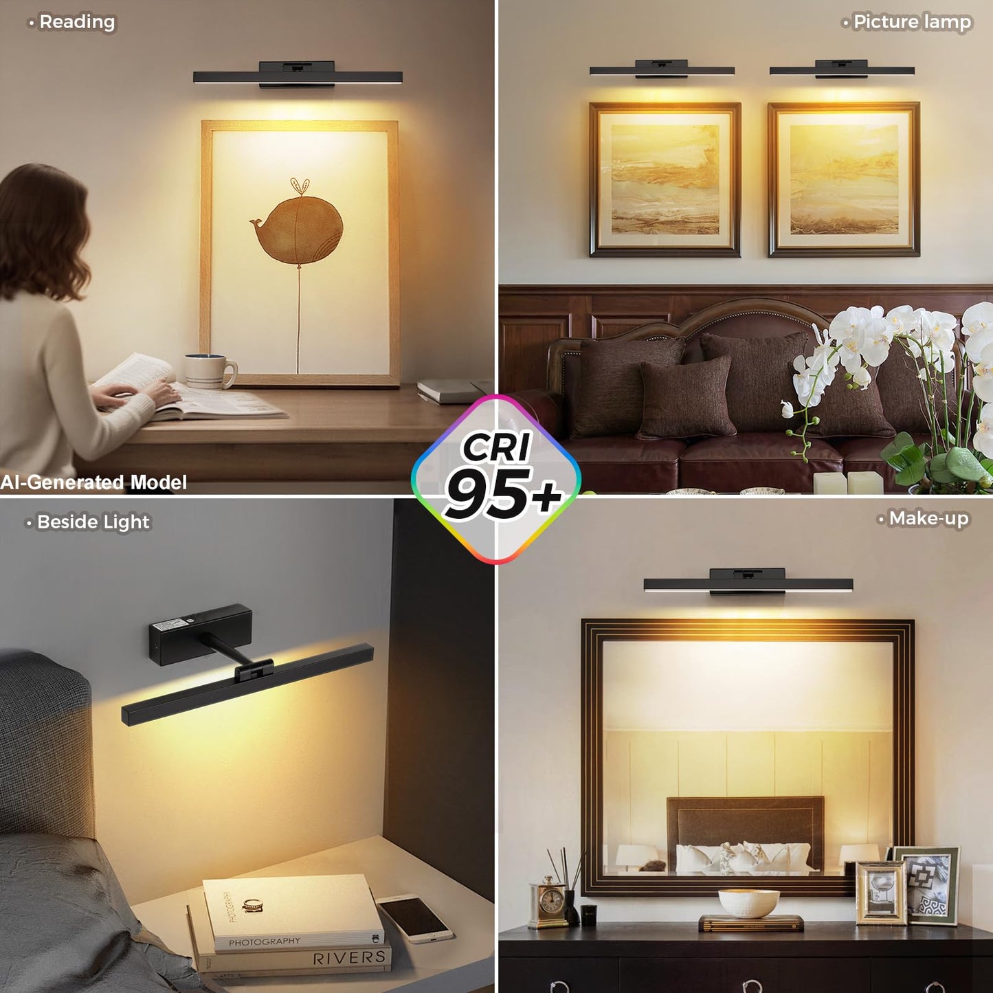Joosenhouse Battery Operated Picture Light, Rechargeable Wireless Gallery Light with Remote Control, Dimmable & Timer Function, 15.35" Black Wall