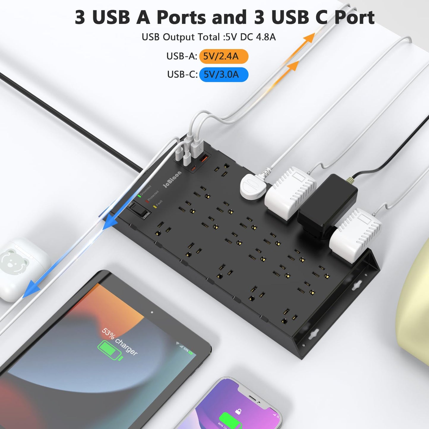 22 Outlets & 6 USB Big Power Strip, Jcblaon Surge Protector with 3USB C & 3USB A Charging Ports, 6.5ft Flat Plug Heavy Duty Extension