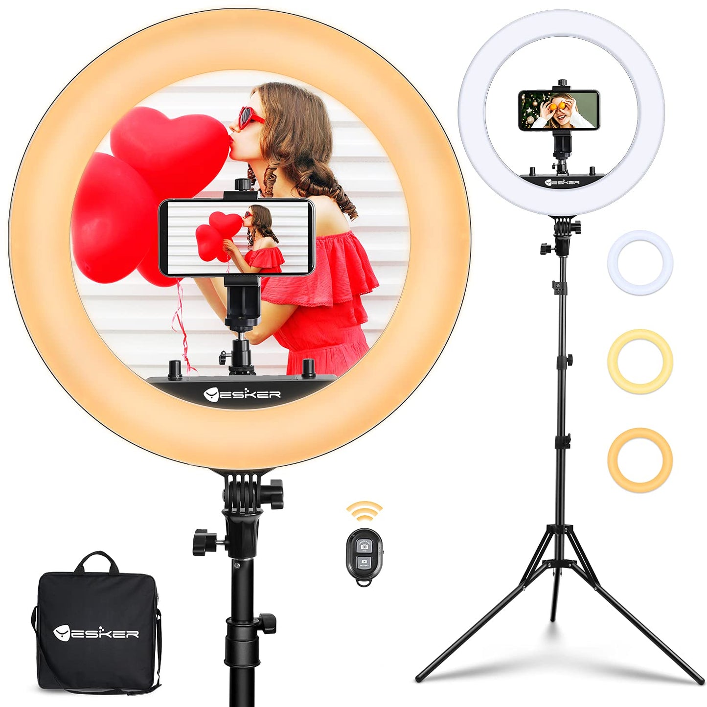 Yesker Ring Light 18 Inch with Stand Tripod Big Selfie Ringlight Adjustable 6000K Dimmable LED Portable Professional Ring Lights Kit Phone Holder
