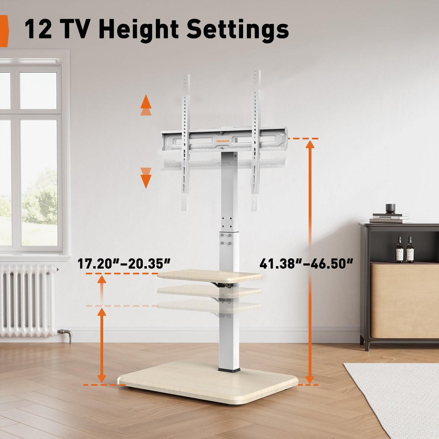 Perlegear Floor TV Stand with Power Outlet, Universal TV Stand for 32-75 inch TVs up to 110 lbs, Tall TV Mount for Bedroom with Shelf, Wood Base