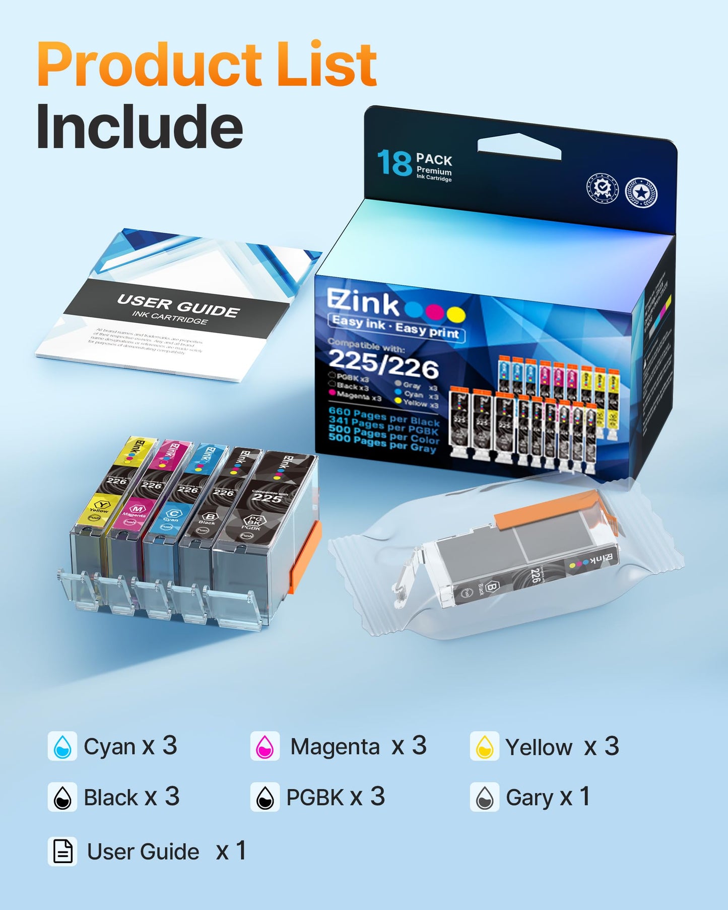 E-Z Ink Compatible Ink Cartridge Replacement for Canon PGI-225 CLI-226 to use with MG6220 MG6120 MG8220 MG8120 MG8120B (3 Gray, 3 Large Black, 3 Small