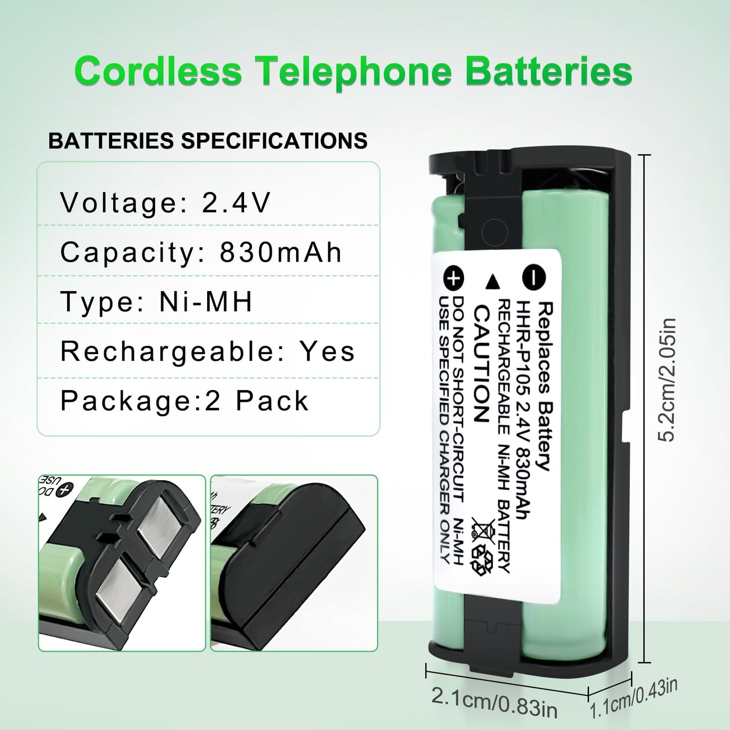 EOCIK 2 Pack HHR-P105 NI-MH Rechargeable Battery for Cordless Phone 2.4V 830mAh Replacement Batteries for Panasonic