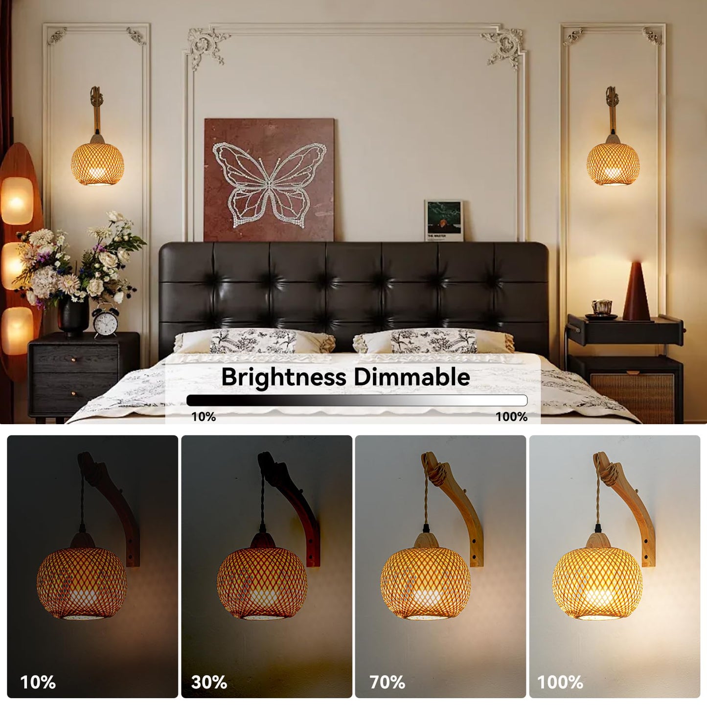 Rizzyluz Battery Operated Wall Sconces Set of 2 with Remote, Boho Bamboo Rechargeable Rattan Wall Lights, Wireless Wall Lighting Fixtures for Bedroom