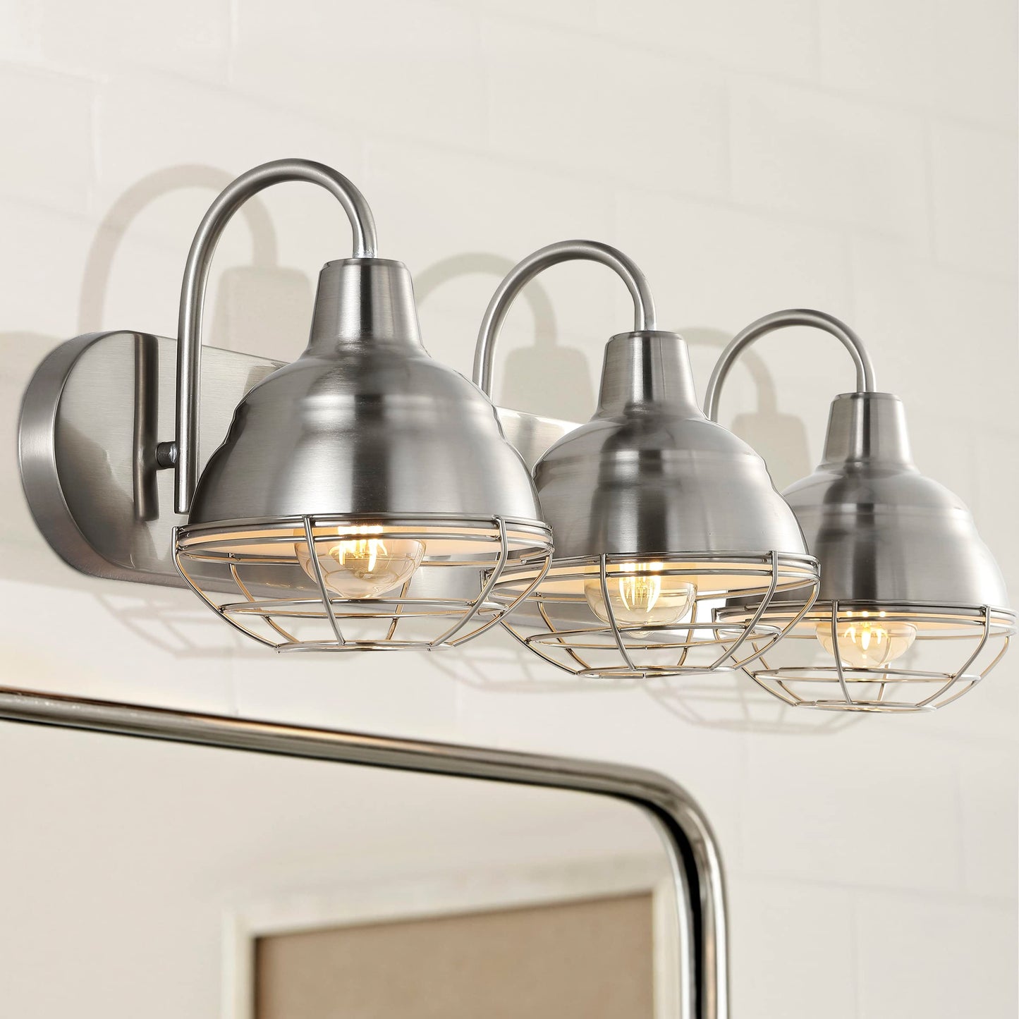 JONATHAN Y 24.5" Nickel 3-Light Industrial Farmhouse Vanity Light for Bathroom Mirror, Rustic Metal Wall Sconce Fixture, Iron Caged Shade, LED Bulbs