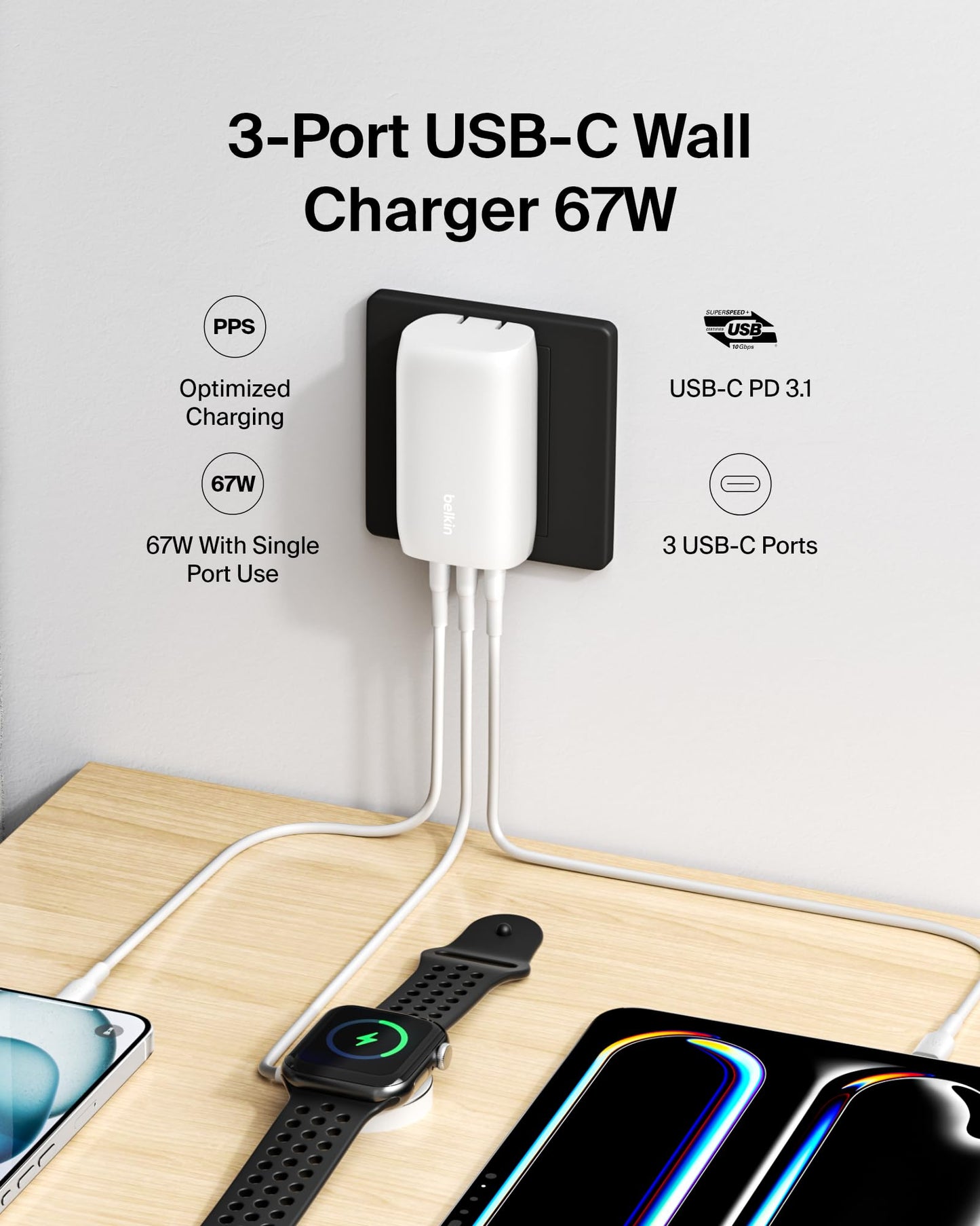 Belkin 3-Port USB C Charger Block 67W - PPS, USB-C PD3.1 Super Fast Charging Charger - Samsung Galaxy S25, Apple iPhone 17, Air, Pro, MacBook