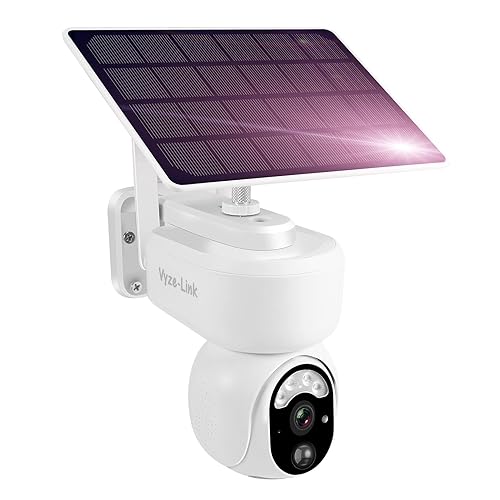 Vyze-Link Solar Security Camera Outdoor WiFi Wireless, Built-in Battery Powered, No Wire Needed, w/ 4 Spotlights, PIR Motion Detection, 2MP HD Video