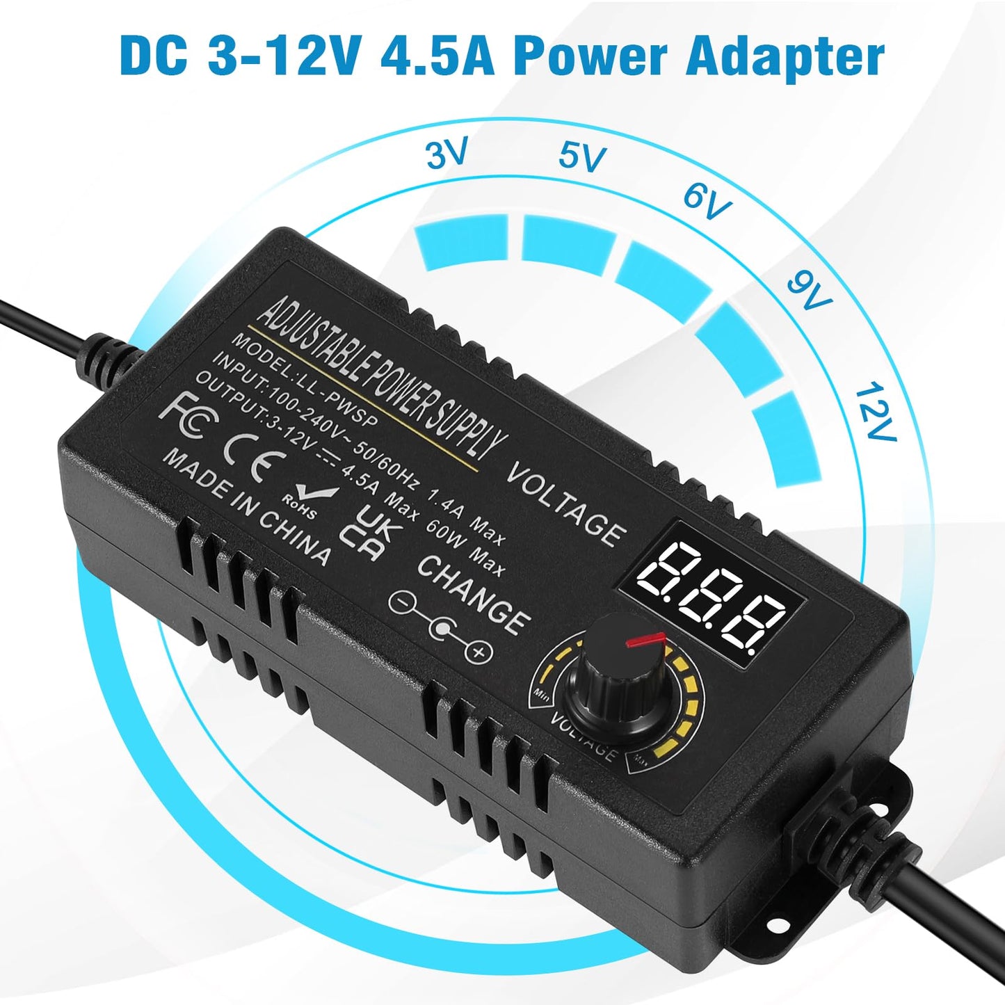 3V ~ 12V 4.5A 54W Power Supply Adjustable,3V 4V 5V 6V 7V 8V 9V 10V 11V 12V Variable Universal AC/DC Adapter 100V-240V AC to DC Converter with 14…