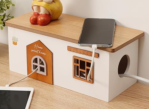 TUKDAK Cable Management Box, Wood Extension Cord Organizer, Handmade Power Strip Box for TV Computer Wire USB Hub System, Surge Protector Cord Hider