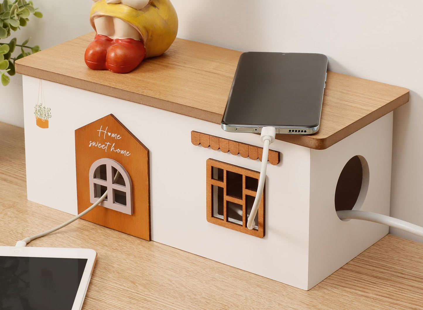 TUKDAK Cable Management Box, Wood Extension Cord Organizer, Handmade Power Strip Box for TV Computer Wire USB Hub System, Surge Protector Cord Hider