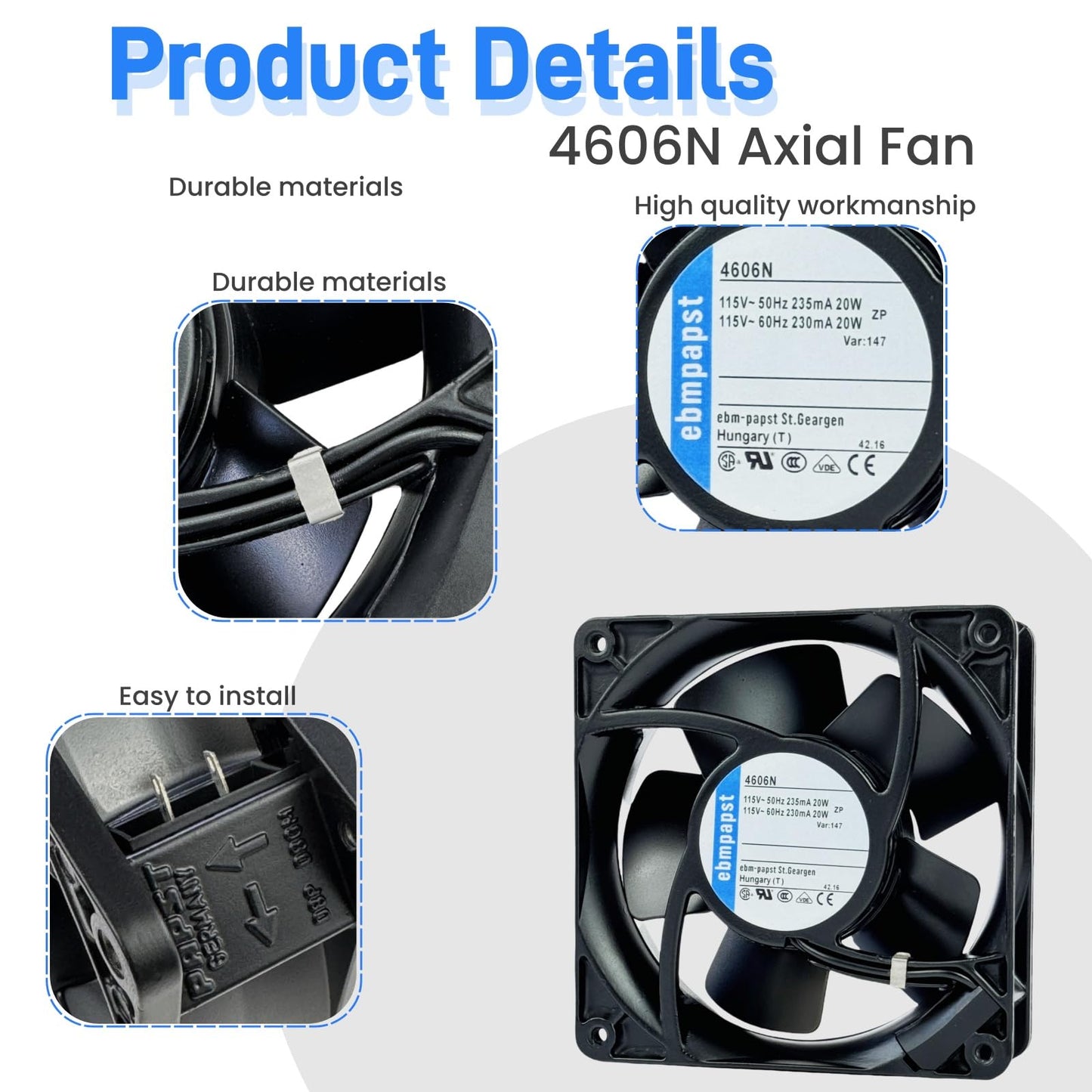 for ebmpapst 4606N All Metal High Temperature Resistant Axial Cooling Fan 2-Pin 120x120x38mm 115V-AC 50-60Hz 0.235A 120mm.