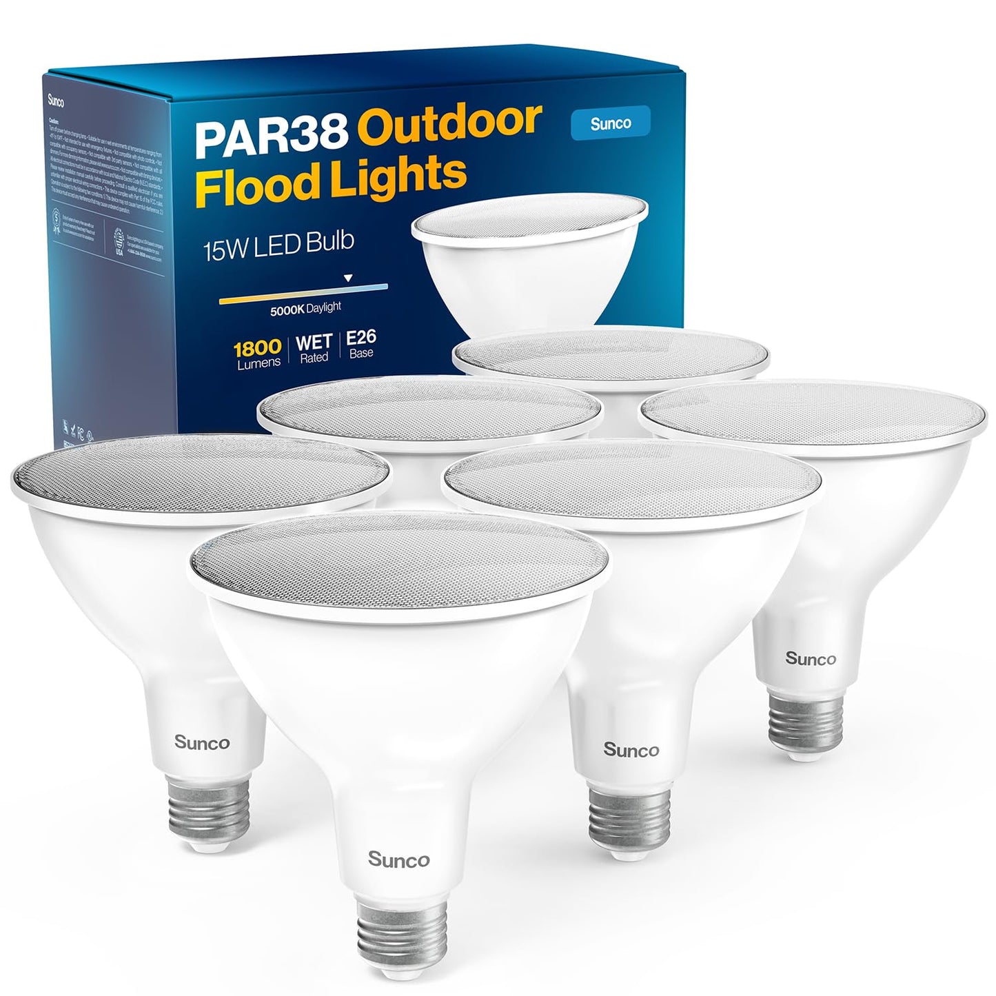 Sunco 6 Pack PAR38 LED Flood Light Bulb, 15W=150W, Dimmable, Waterproof