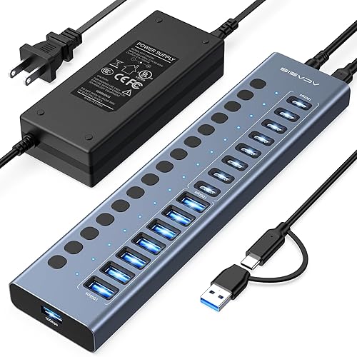 Powered USB 3.2 Hub, ACASIS 16 Ports USB 3.2 Hub(8 USB-A 3.2 Ports+8 USB-C 3.2 Ports), Aluminum USB Hub Powered with 96W Power Adapter, USB Hub for