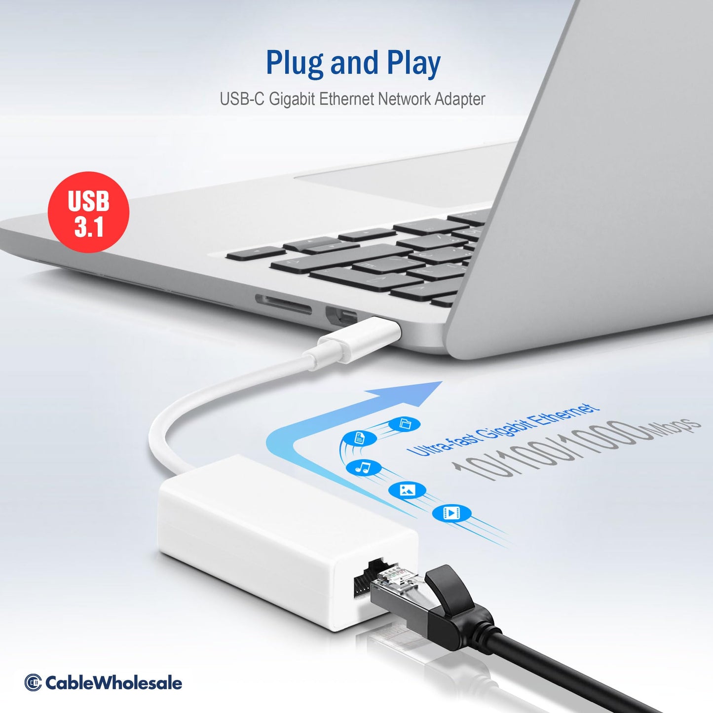 White USB-C to Gigabit Ethernet Network Adapter, USB 3.1-10/100/1000Mbps Speed