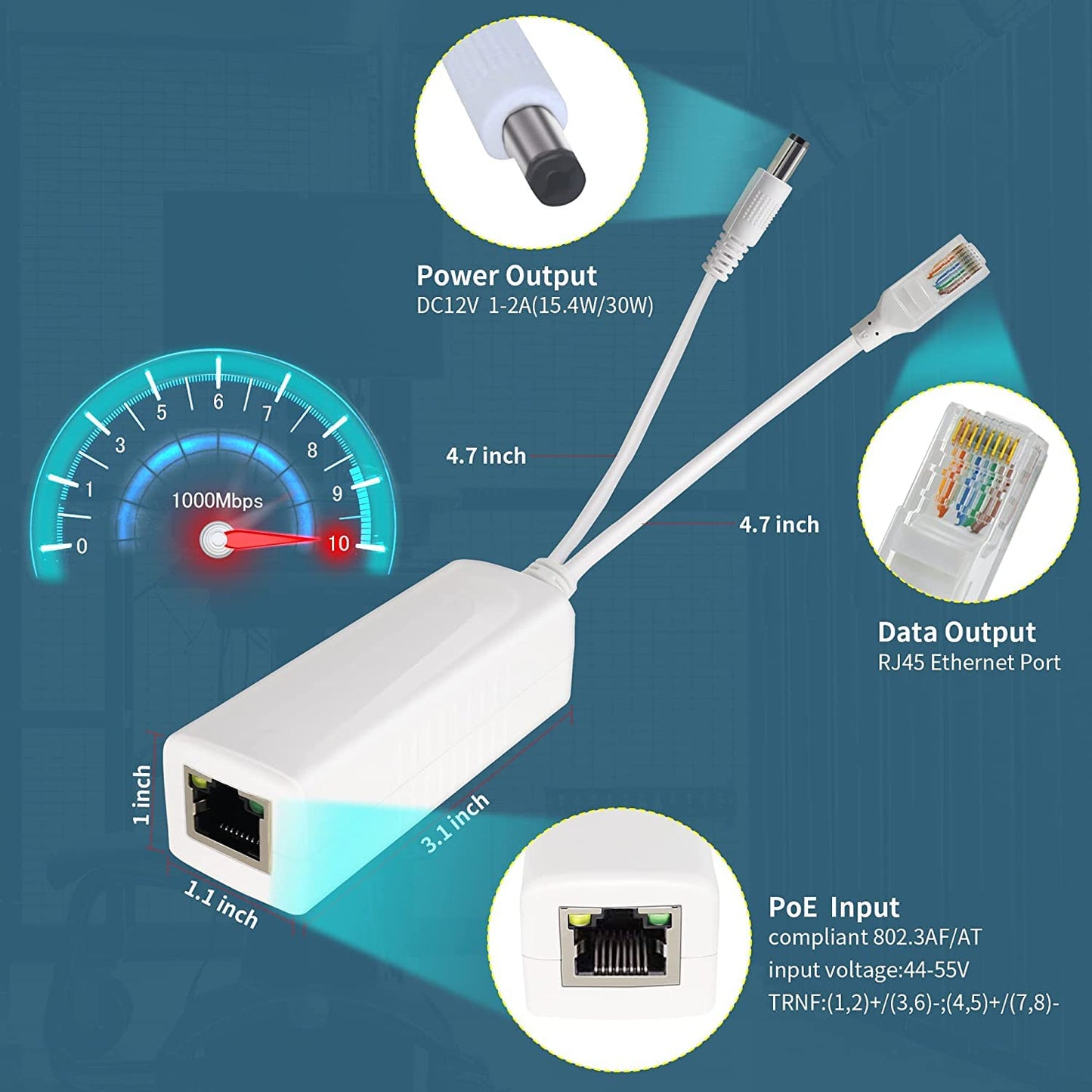 Reidubo Gigabit PoE Splitter Adapter,12V 2A Output,1000Mbps, IEEE 802.3AF/at, Suitable for IP Cameras, AP WiFi, IP Phones, and Other DC Power Supply