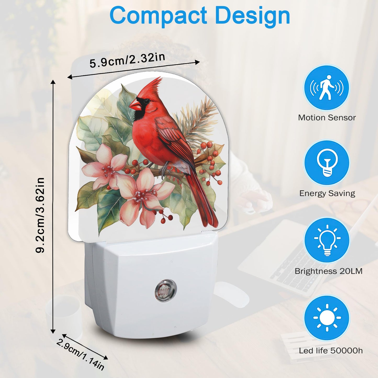 YESPOAK Night Light,Red Cardinal Bird Flowers Night Lights Plug Into Wall for Bedroom Bathroom Kitchen Hallway Stairs Hallway, Plug-in, Energy