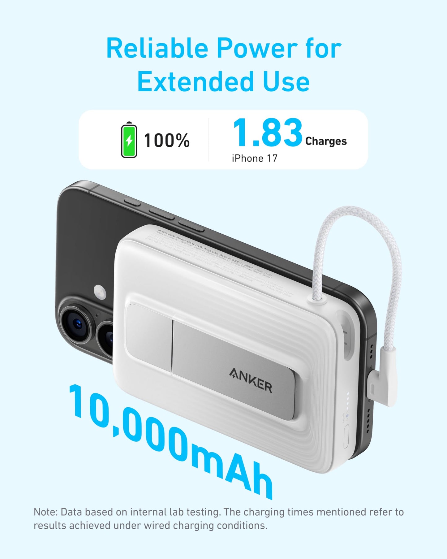 ANKER Zolo Magnetic Power Bank, 10,000mAh Wireless Portable Charger with 30W Max Fast Charging, Battery Pack with Built-in USB-C Cable and Adjustable