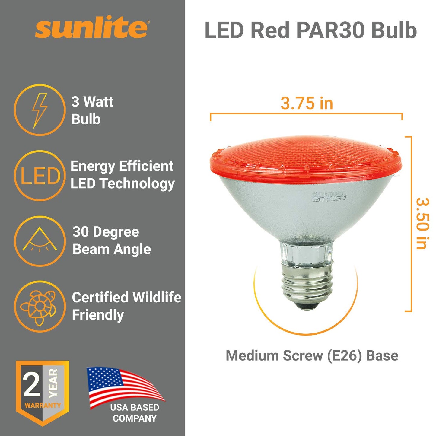 Sunlite 80023-SU LED PAR30 Short Neck Colored Wildlife Friendly Light Bulb, 3 Watts, (25W Equivalent), E26 Medium Base, 30,000 Hour Lifespan, Red 1