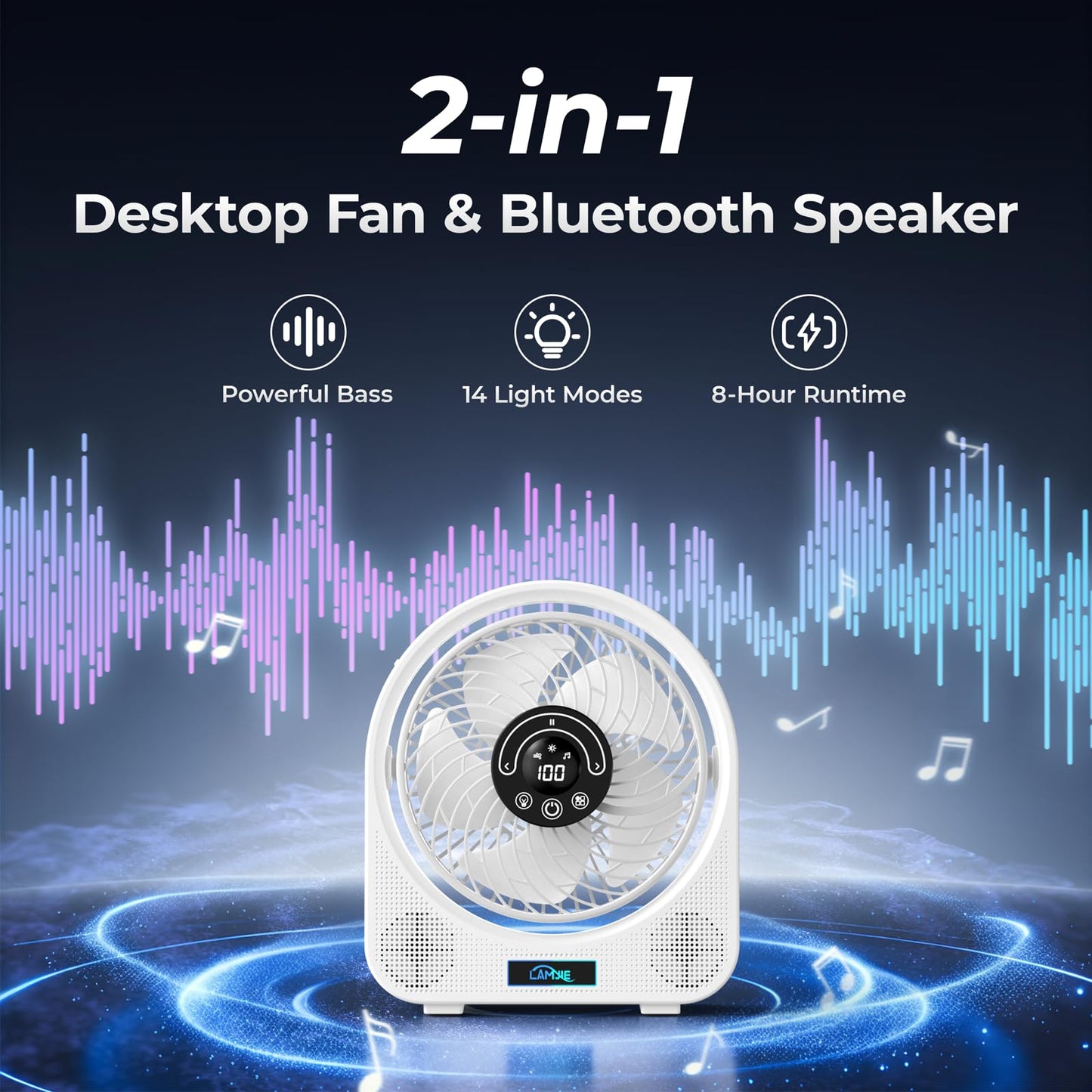 LAMJIE 2-in-1 Desktop Fan with Bluetooth Speaker, White, Powerful Bass, 14 Light Modes, 8-Hour Runtime