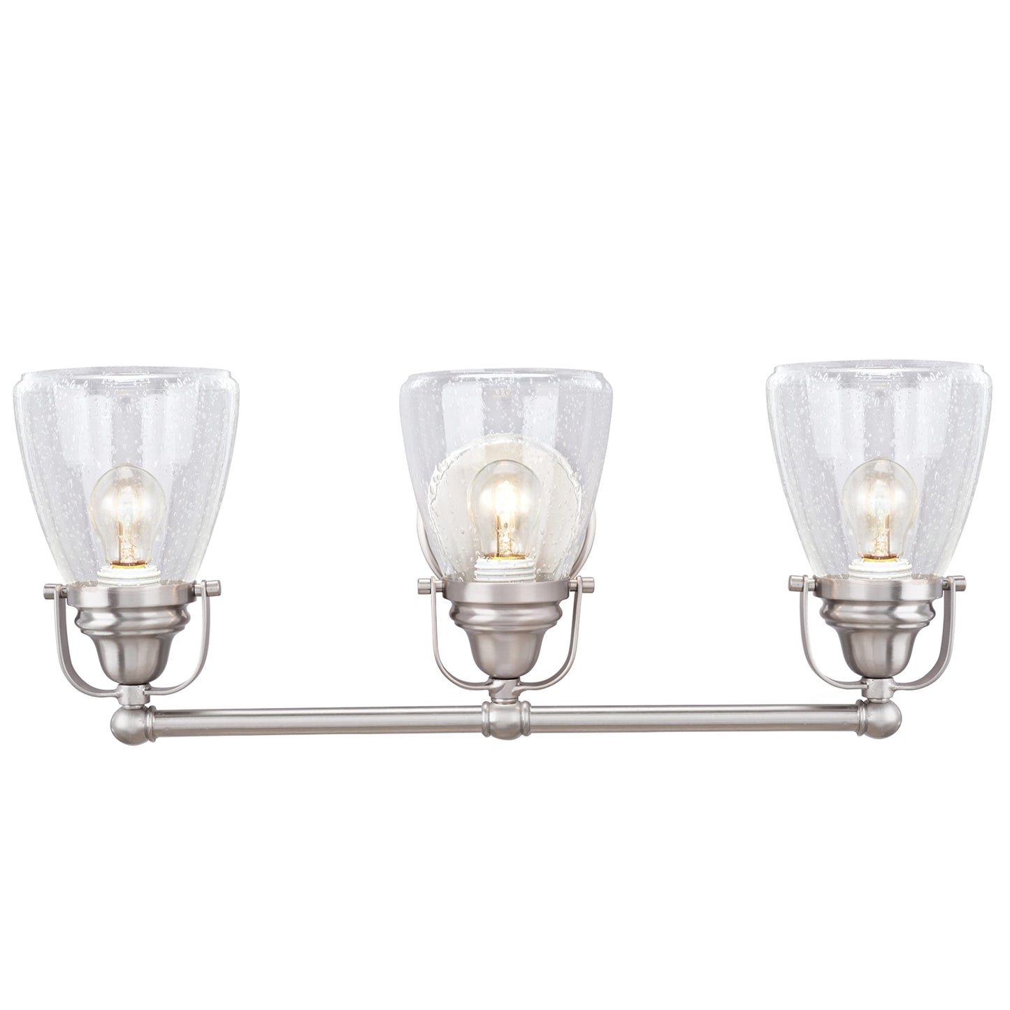 Aspen Creative 62099, Three-Light Metal Bathroom Vanity Wall Light Fixture, 24 1/2" Wide, Transitional Design in Brushed Nickel with Clear Seedy Glass