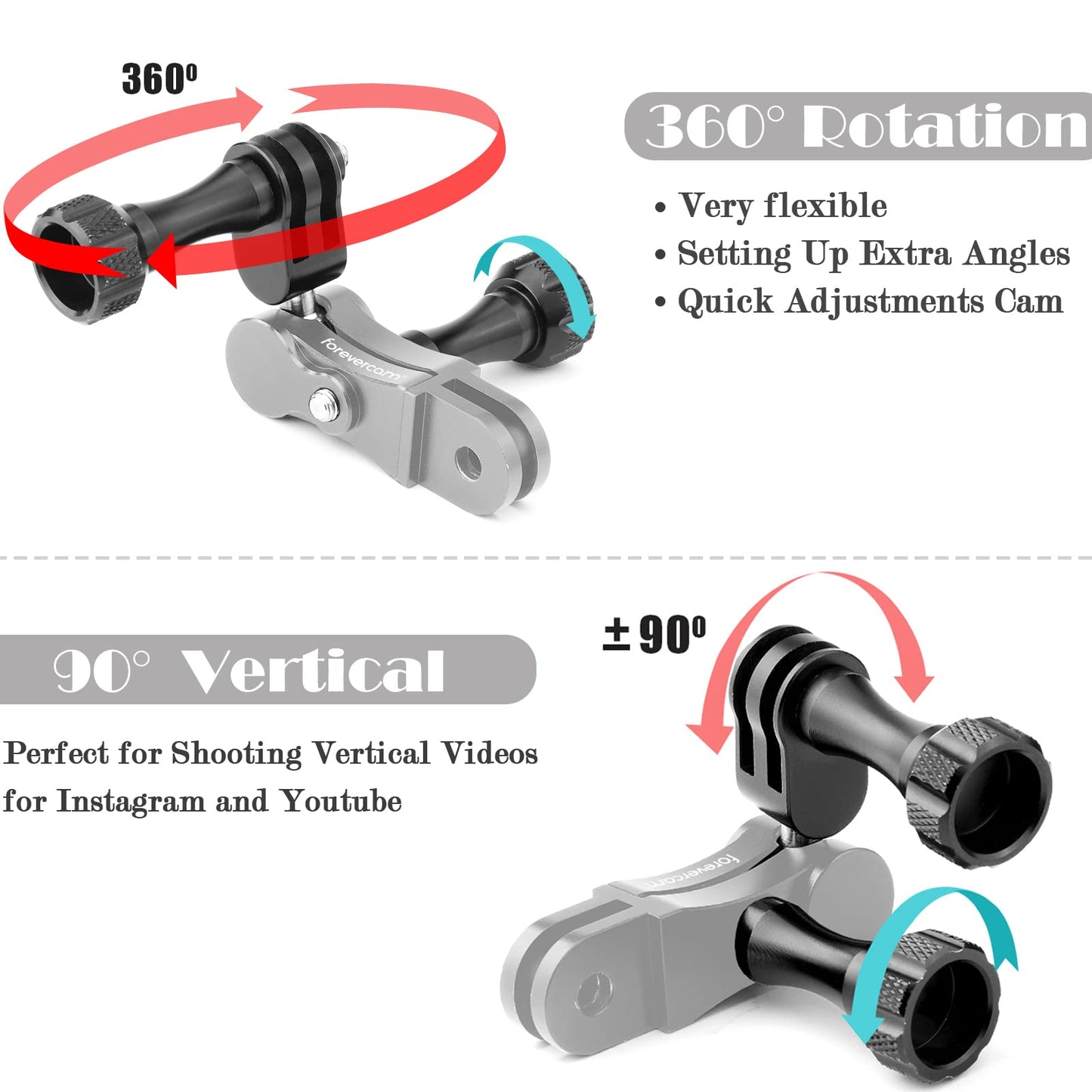 Forevercam Aluminum Extension Mount for Gopro Hero 13 12 11 10 9 8 DJI Osmo Insta360 AKASO and Other Action Camera 360° Rotary Extension Arm Ball