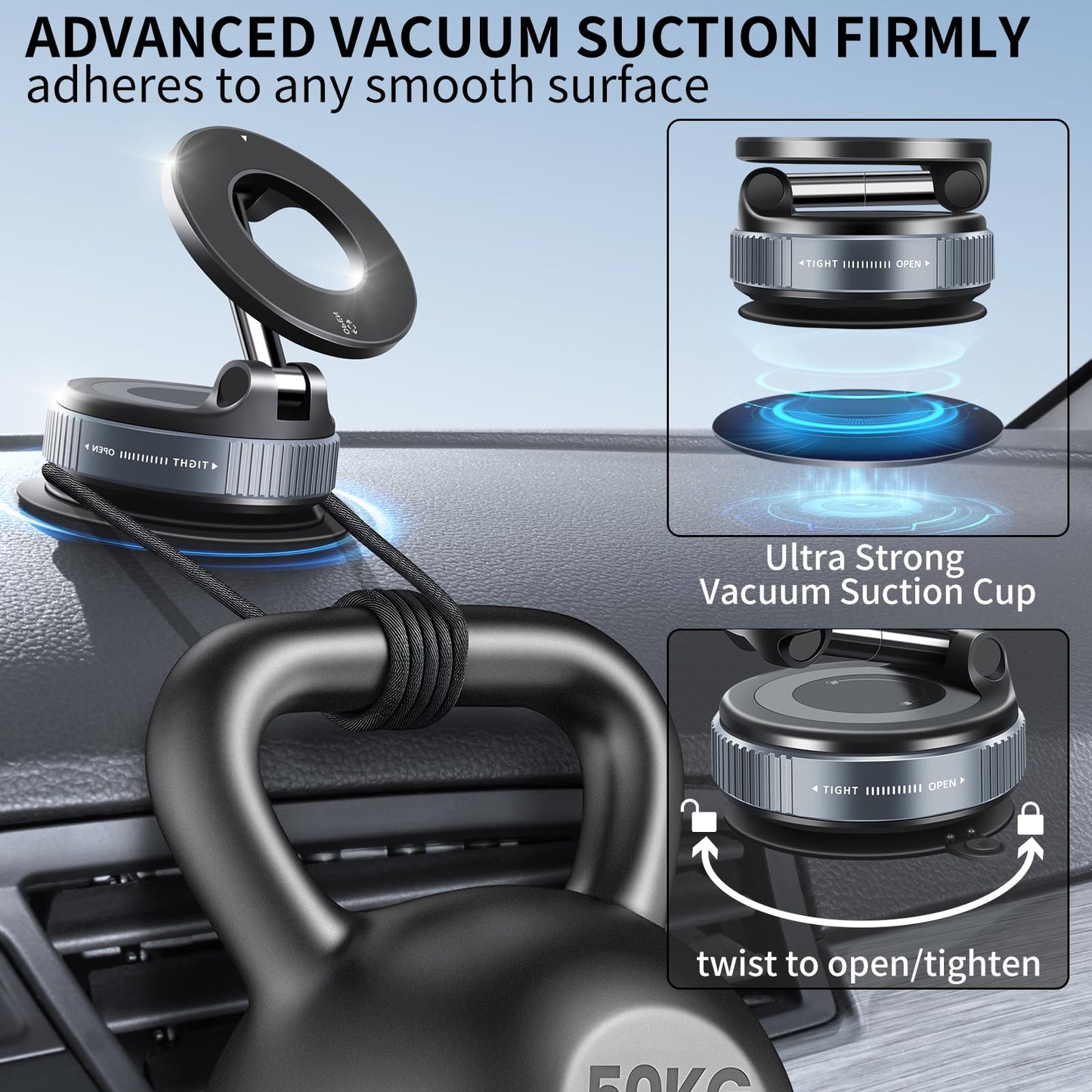 ILKCC Vacuum Suction Magnetic Phone Holder, 2025 Upgraded Vacuum Suction Cup Mount for Magsafe, 360° Adjustable Foldable Portable Magnetic Car Phone