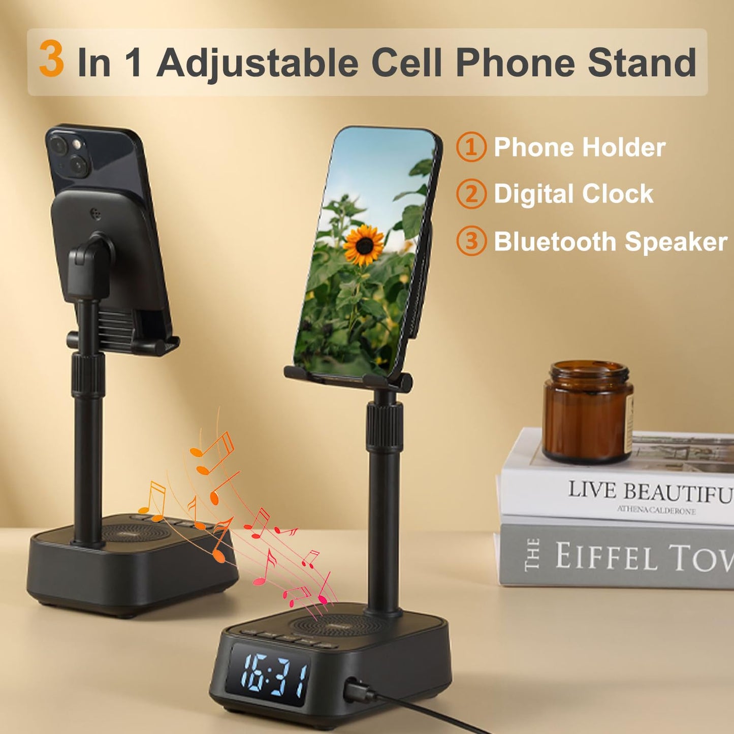 ASEAT Gifts for Men Women, Adjustable Phone Stand Bluetooth Speaker, Birthday Gifts Him Husband, Phone Holder for Kitchen Desk Bedroom, Cool Tech