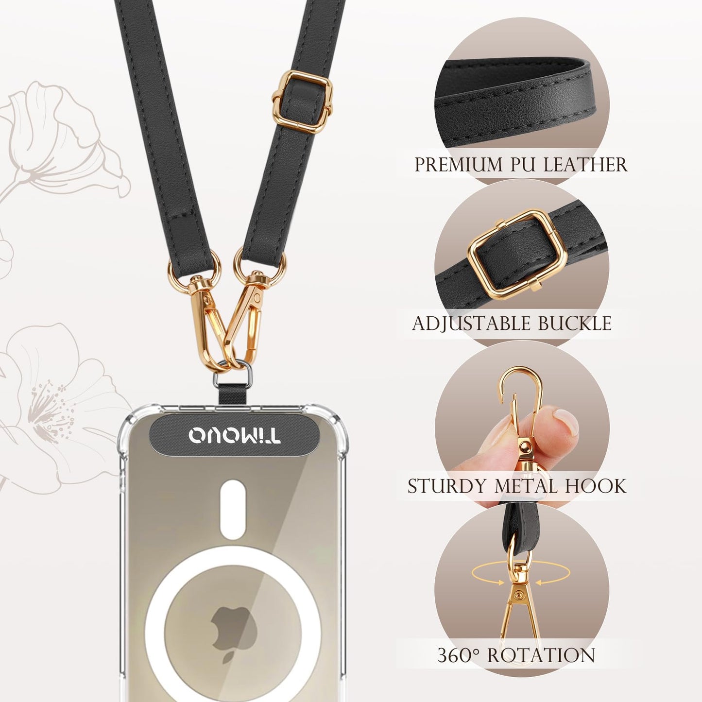 TiMOVO Universal Phone Lanyard, Cell Phone Strap Crossbody with Wrist Strap Compatible with Most Smartphones Case, Black