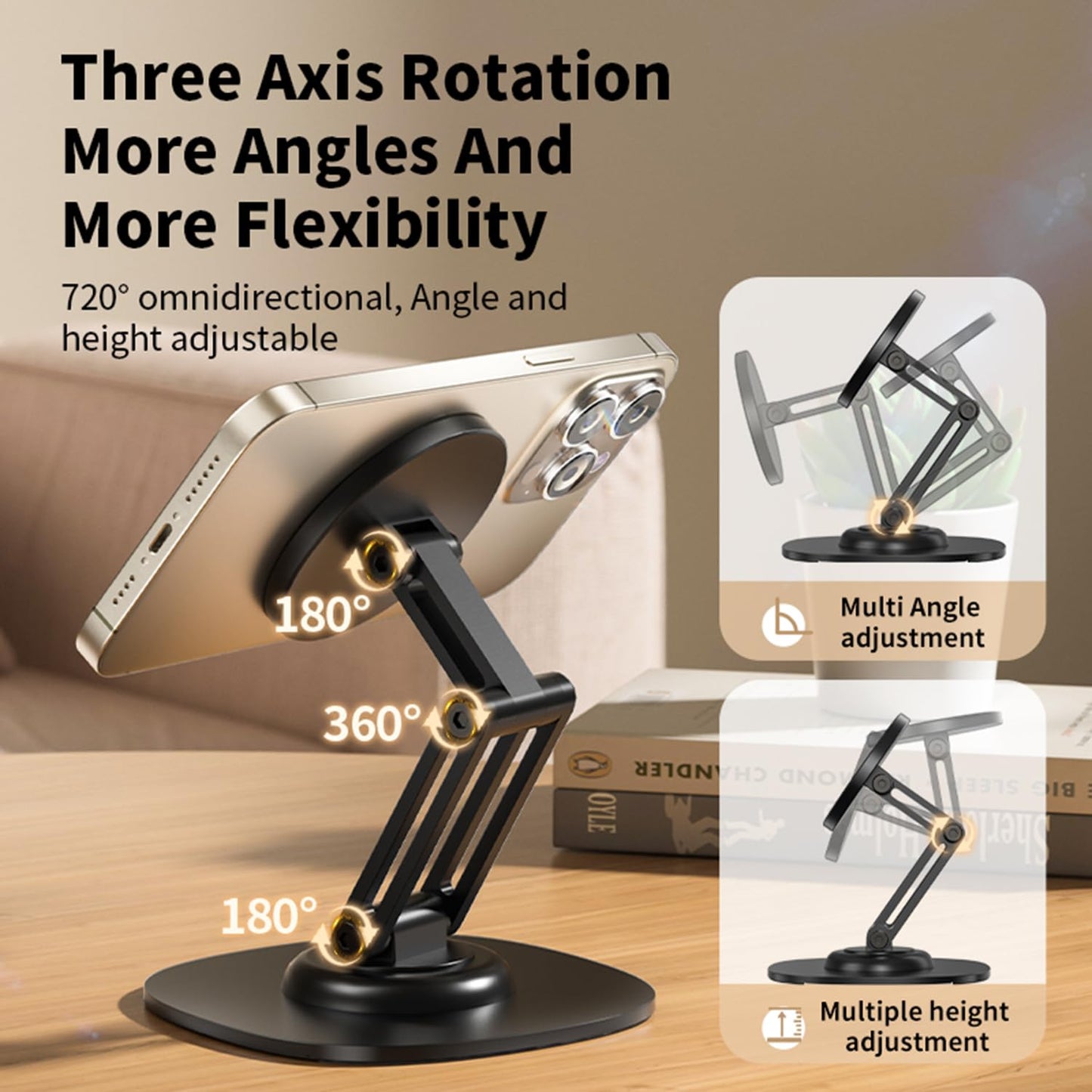 KOBBRAN Magnetic Phone Stand for Desk 360 Rotating Adjustable Foldable Aluminum for MagSafe Cell Phone Stand Holder with Non-Slip Base Desk Stand