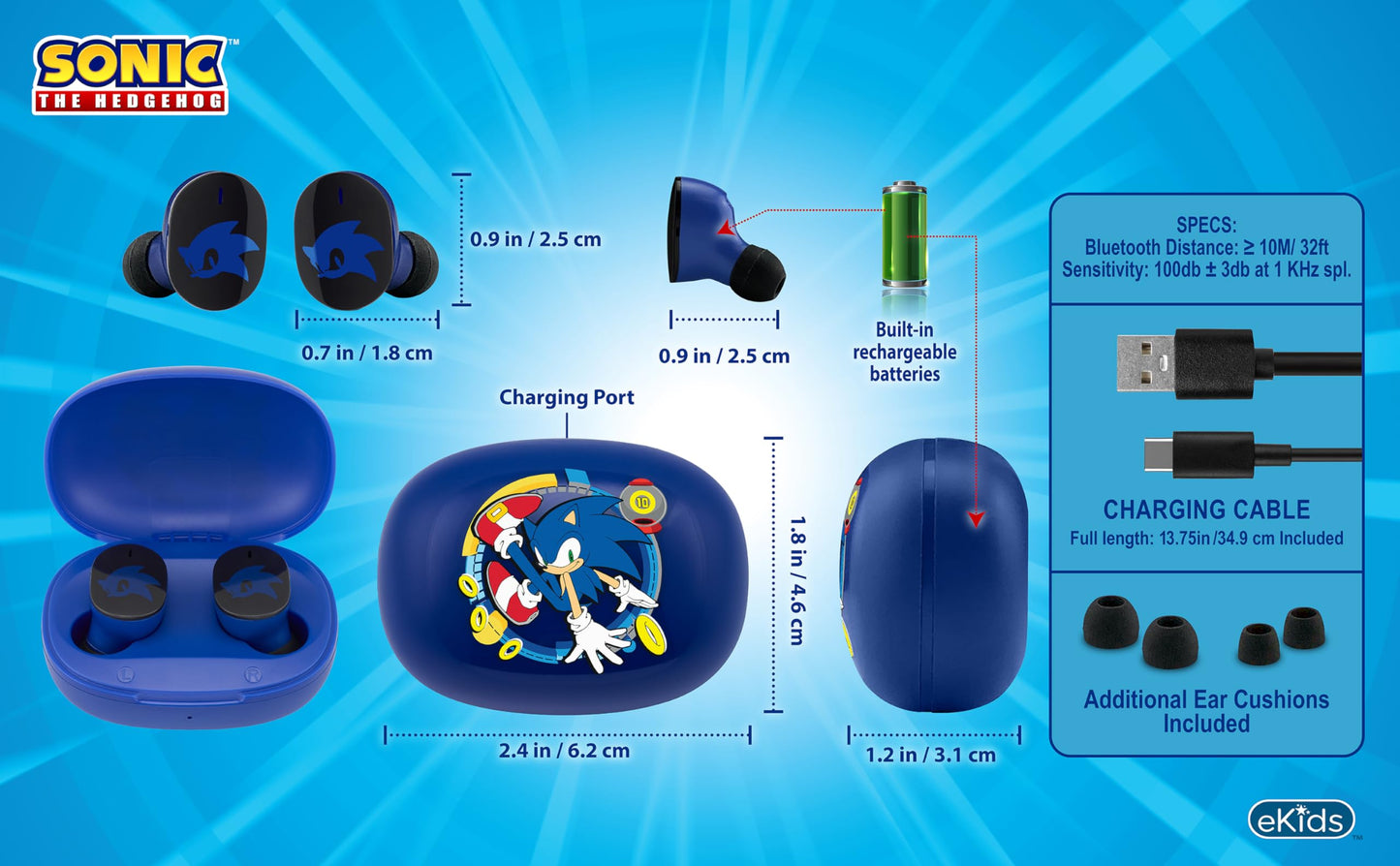 Sonic The Hedgehog Wireless Earbuds with Mic, Bluetooth Earbuds for Kids