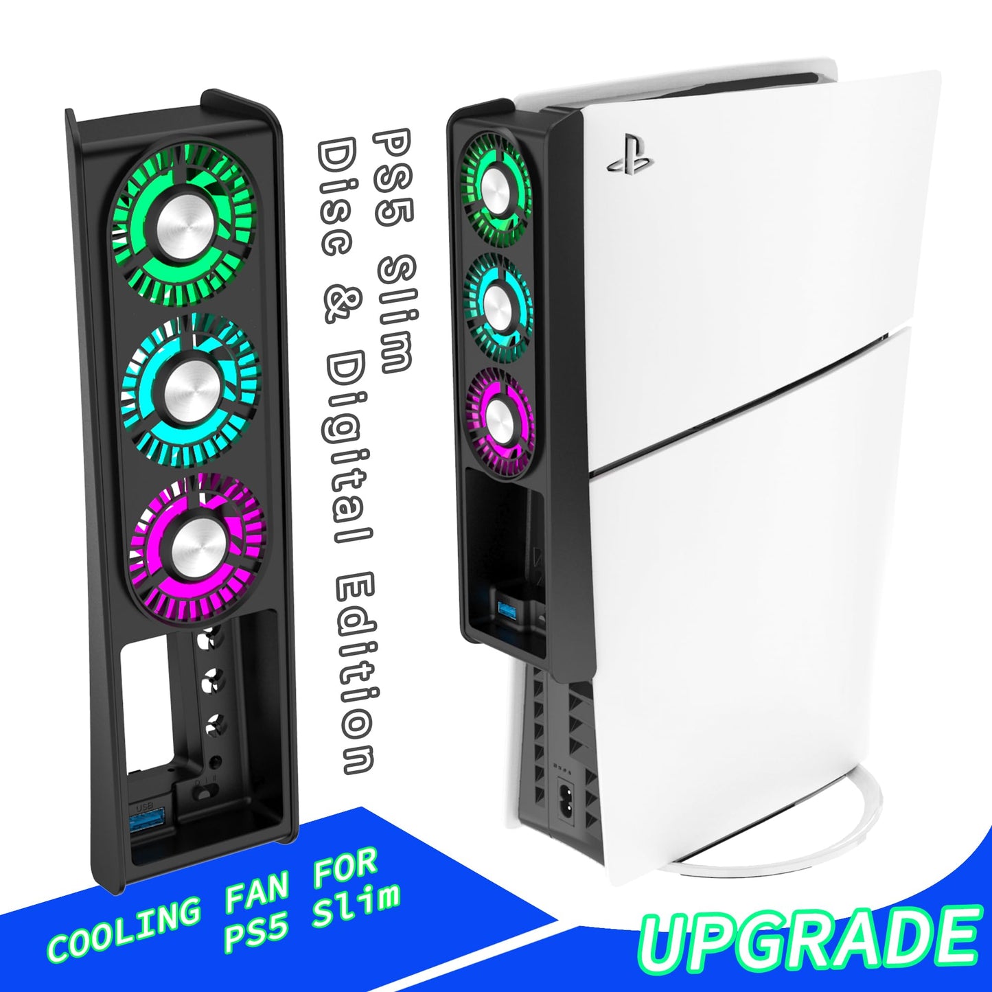 PS5 Cooling Fan with 7 Color-changing LED Light,Auto-Speed 9-Blade Quiet Fan,USB 3.0 Hub.The Accessories Compatible with PlayStation 5 Slim/Optical