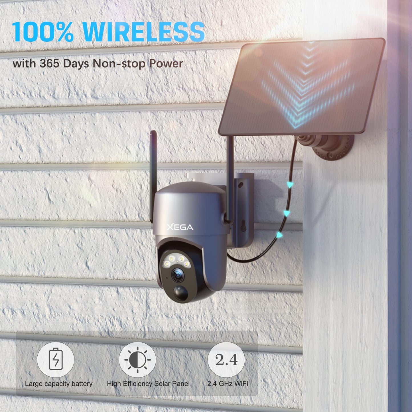 Xega Security Camera Wireless Outdoor 2K 360° PTZ Camera Solar Security Cameras 2.4G WiFi Video Surveillance w/Spotlight & Siren, Color Night Vision