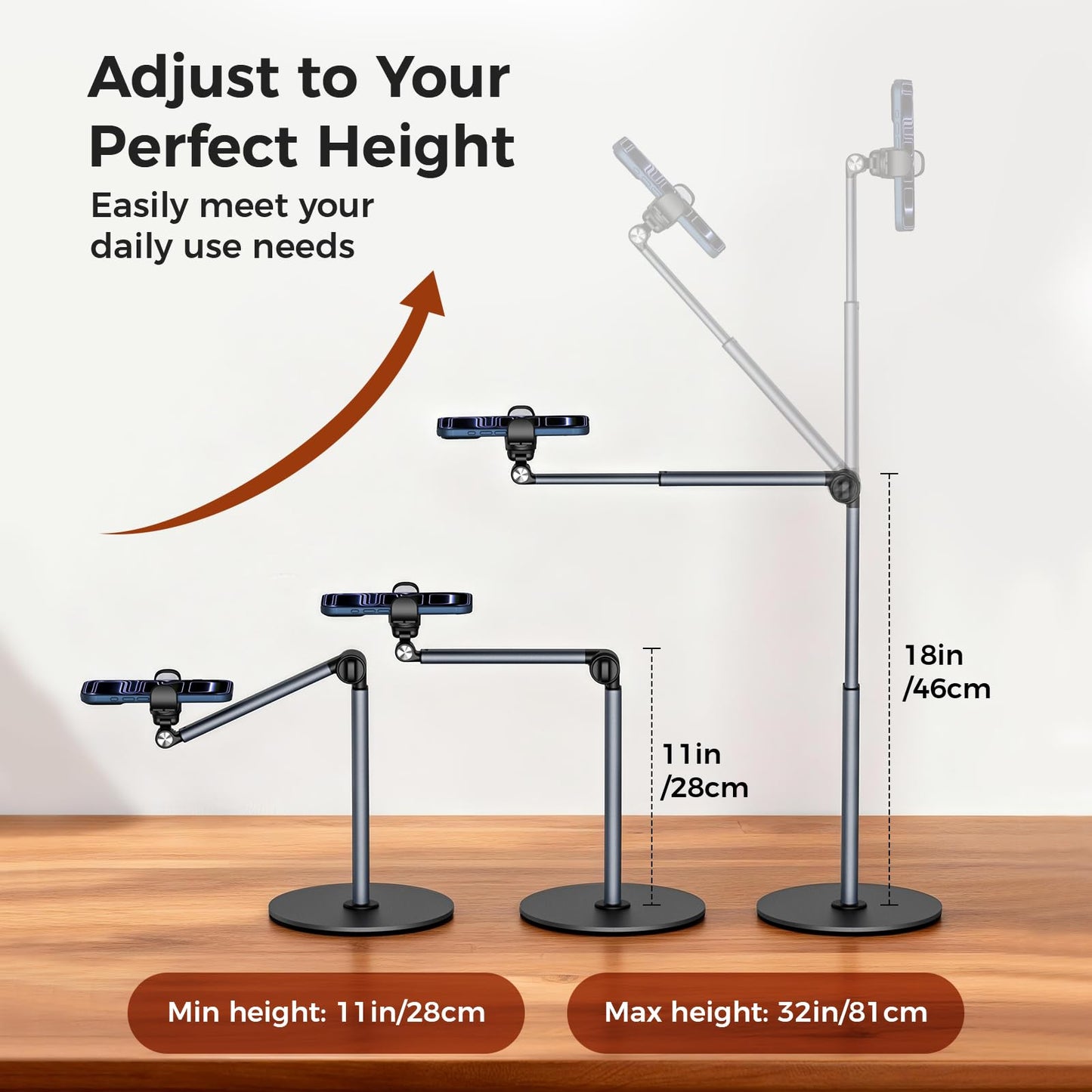 MoKo Overhead Tripod for iPhone, Heavy Duty Aluminum Overhead Phone Mount, Angle & Height Adjustable, Telescopic Arm, Overhead Phone Stand