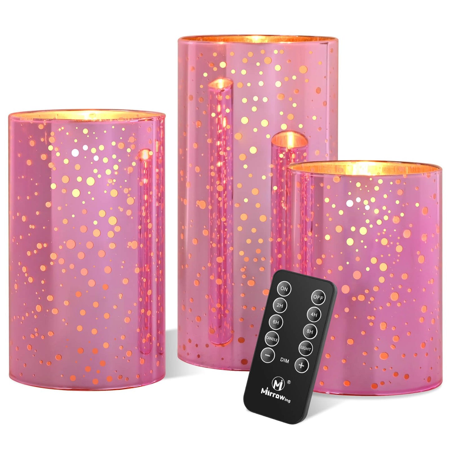 Pink Flameless LED Candles with Remote - Mercury Crackle Glass, Real Wax, Warm White Flicker, 500+ Hrs, Spring & Summer Decor for Women, Mother's Day